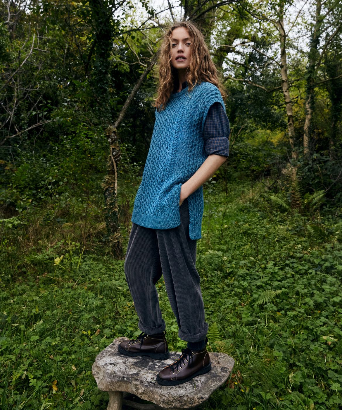 IrelandsEye Knitwear Fennel Oversized Aran Sweater Vest Aquamarine