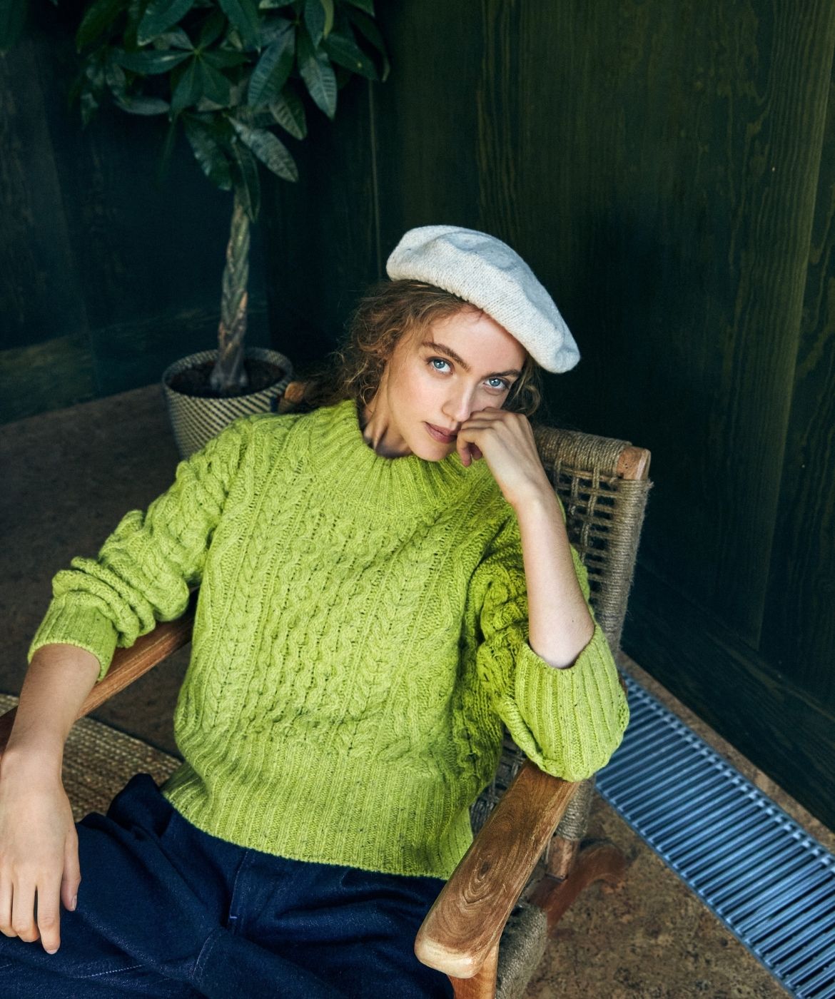 IrelandsEye Knitwear Liberty Diamond Crew Neck Sweater in Chartreuse Wool Cashmere