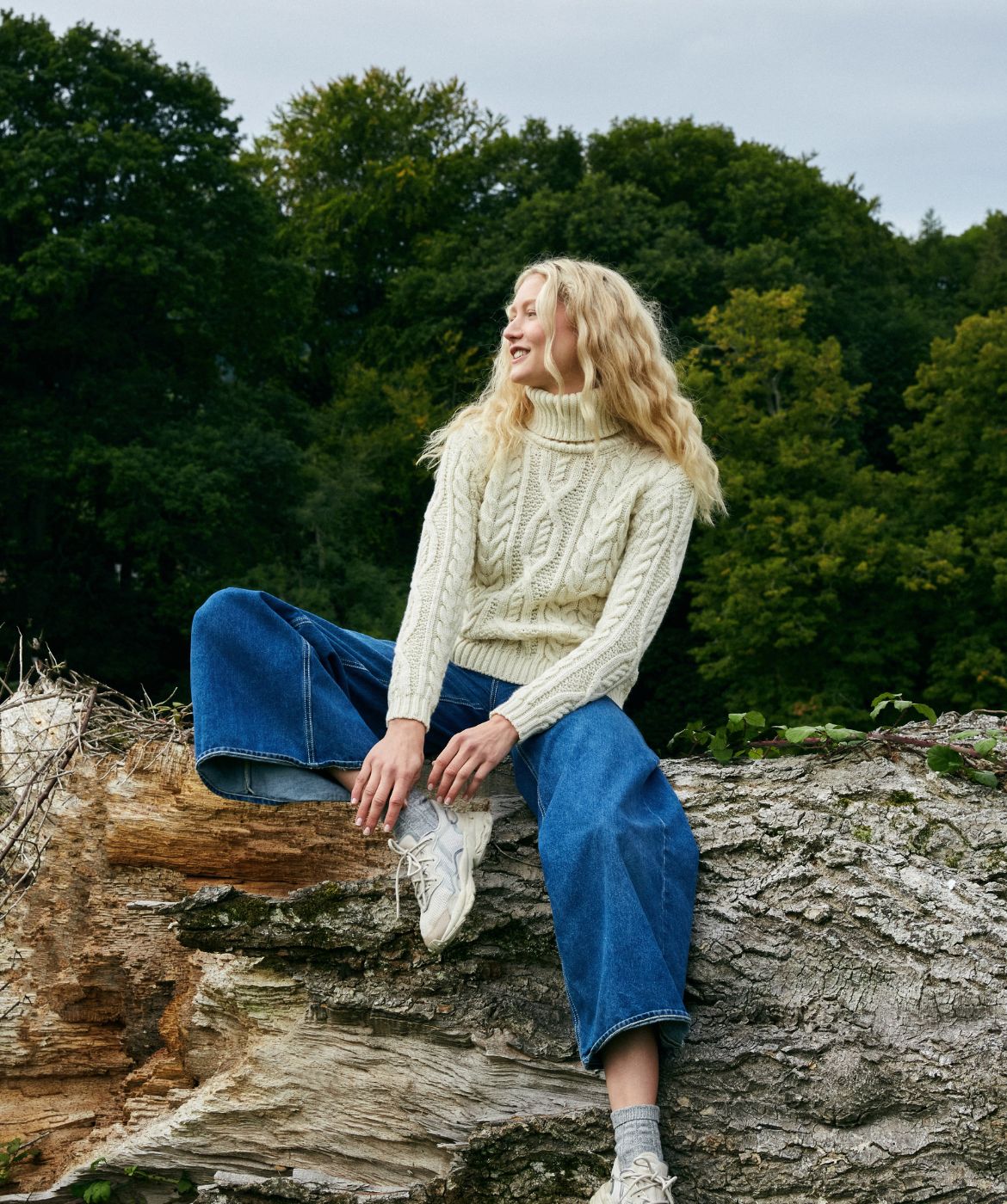 IrelandsEye Knitwear Juniper Aran Polo Neck Sweater in Natural