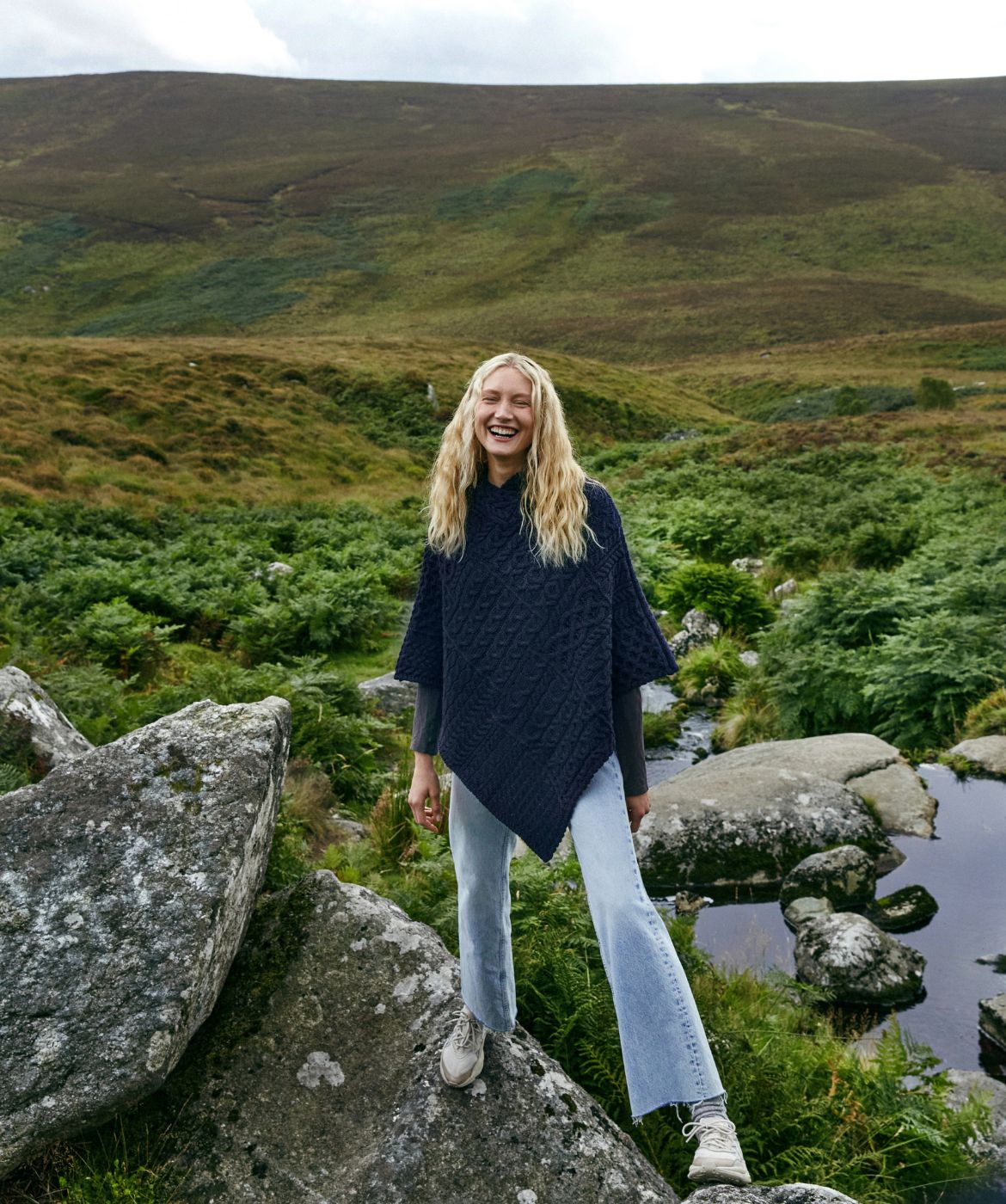 IrelandsEye Knitwear Women's Elm Patchwork Poncho Atlantic Blue