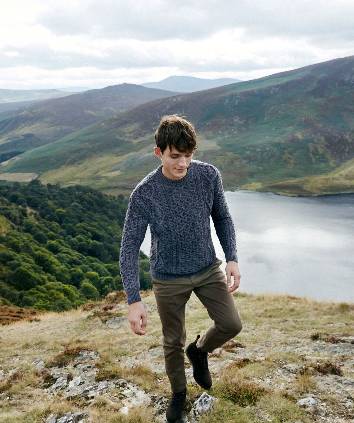 IrelandsEye Knitwear Men's Fearnóg Aran Crew Neck Sweater Steel Marl