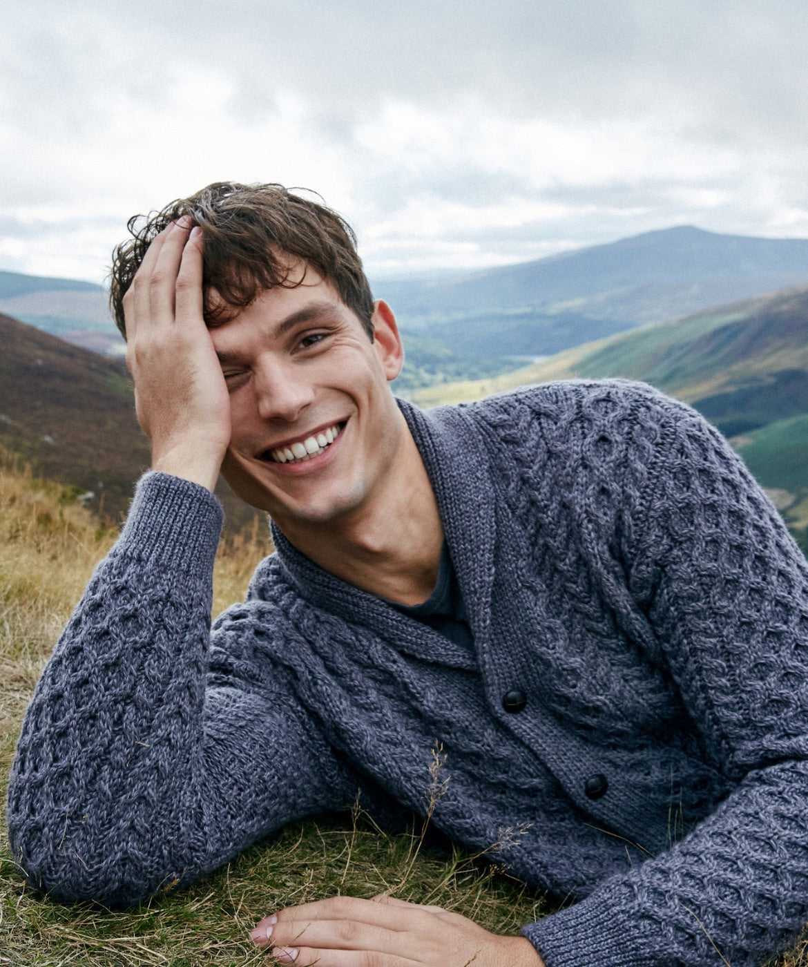 IrelandsEye Knitwear Men's Woodford Aran Cardigan in Steel Marl