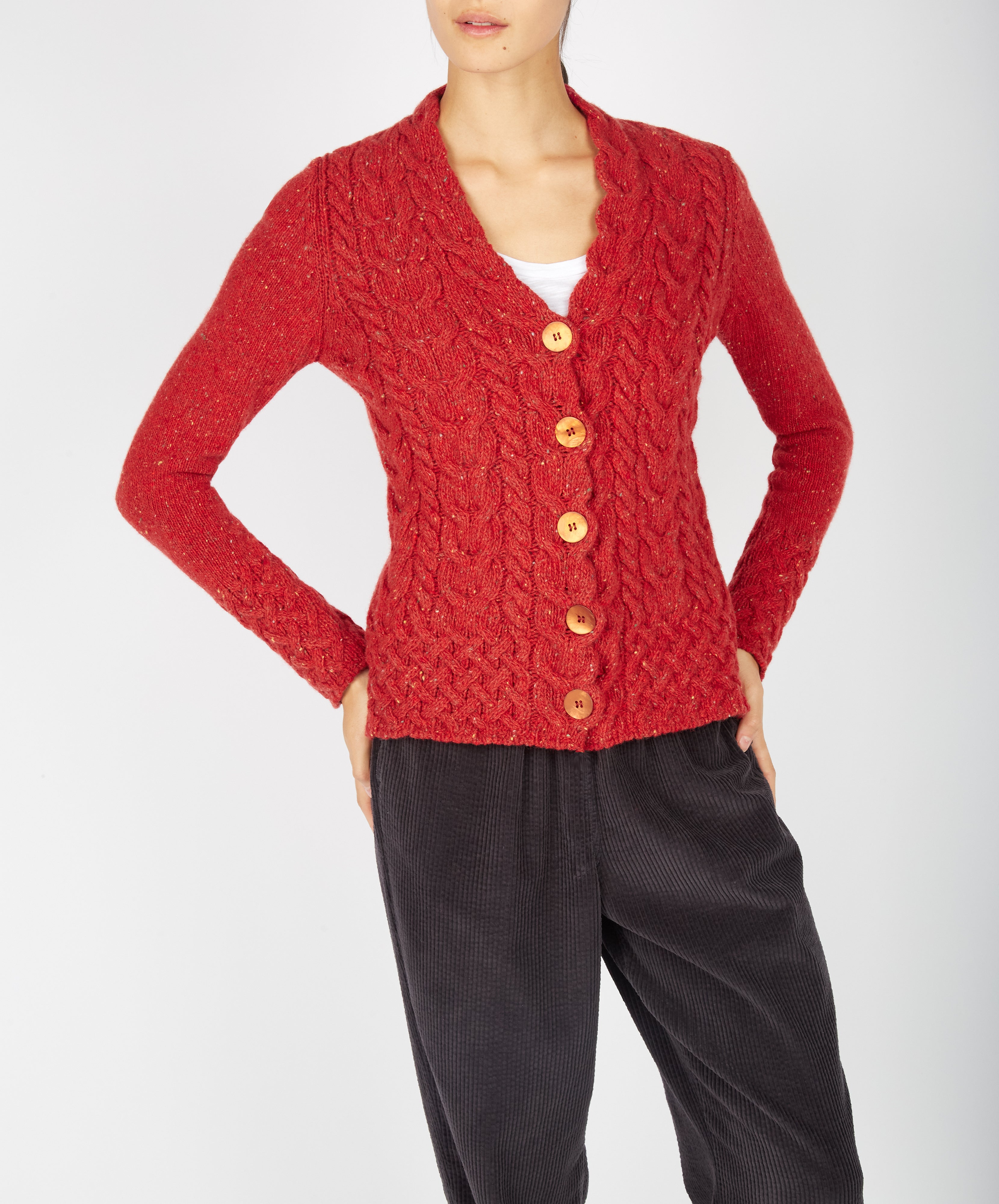 Womens Horseshoe Cable Knit Cardigan Chilli - IrelandsEye Knitwear