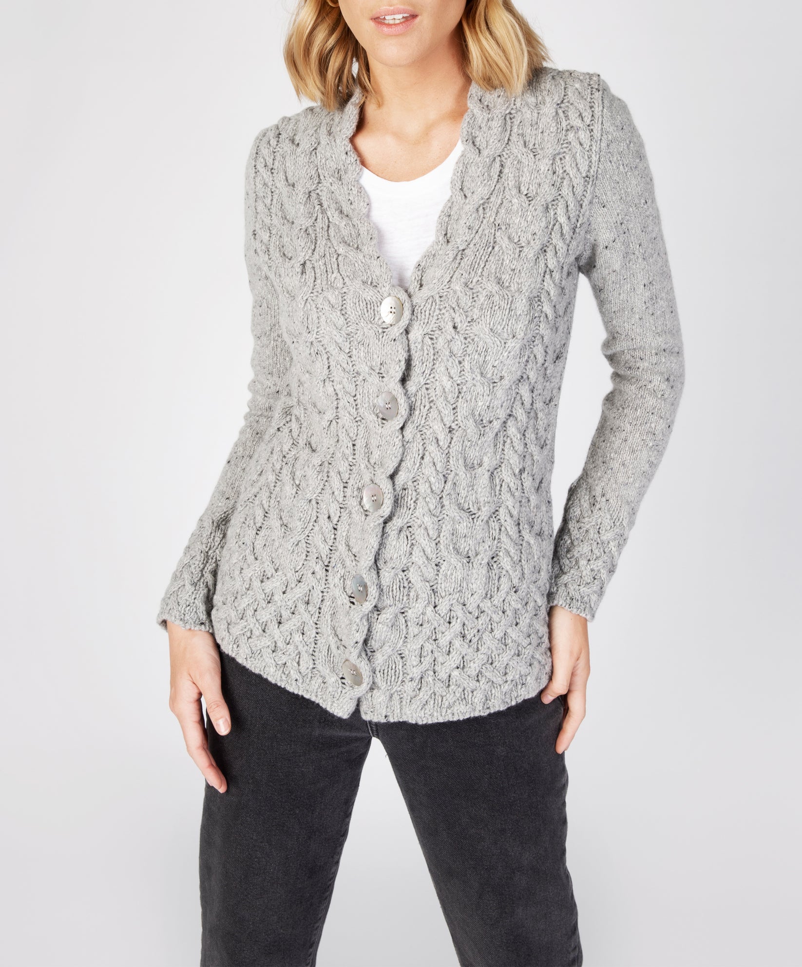 Womens Horseshoe Cable Knit Cardigan in Light Grey - IrelandsEye Knitwear