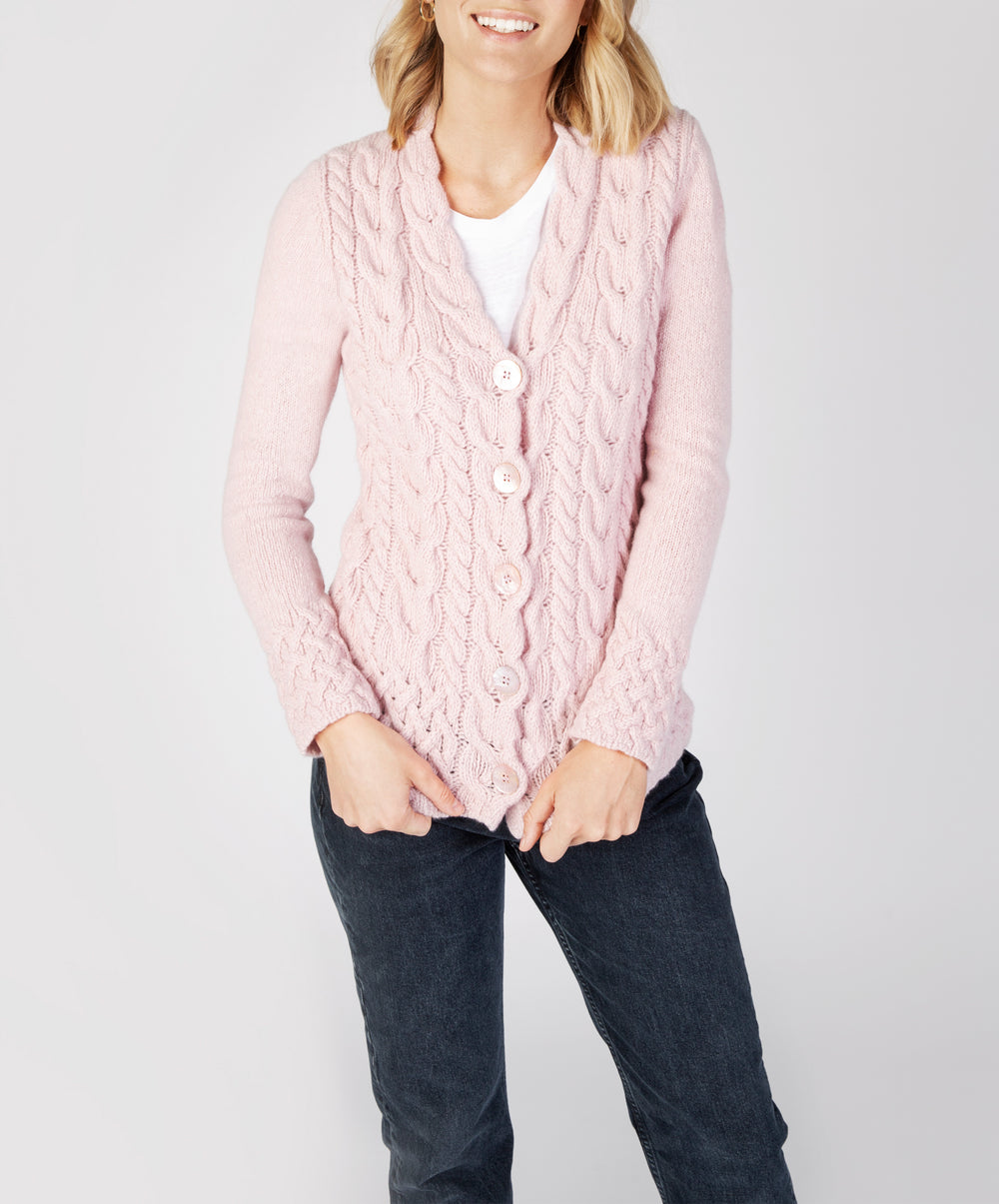 Womens Horseshoe Cable Knit Cardigan in Pink Mist IrelandsEye