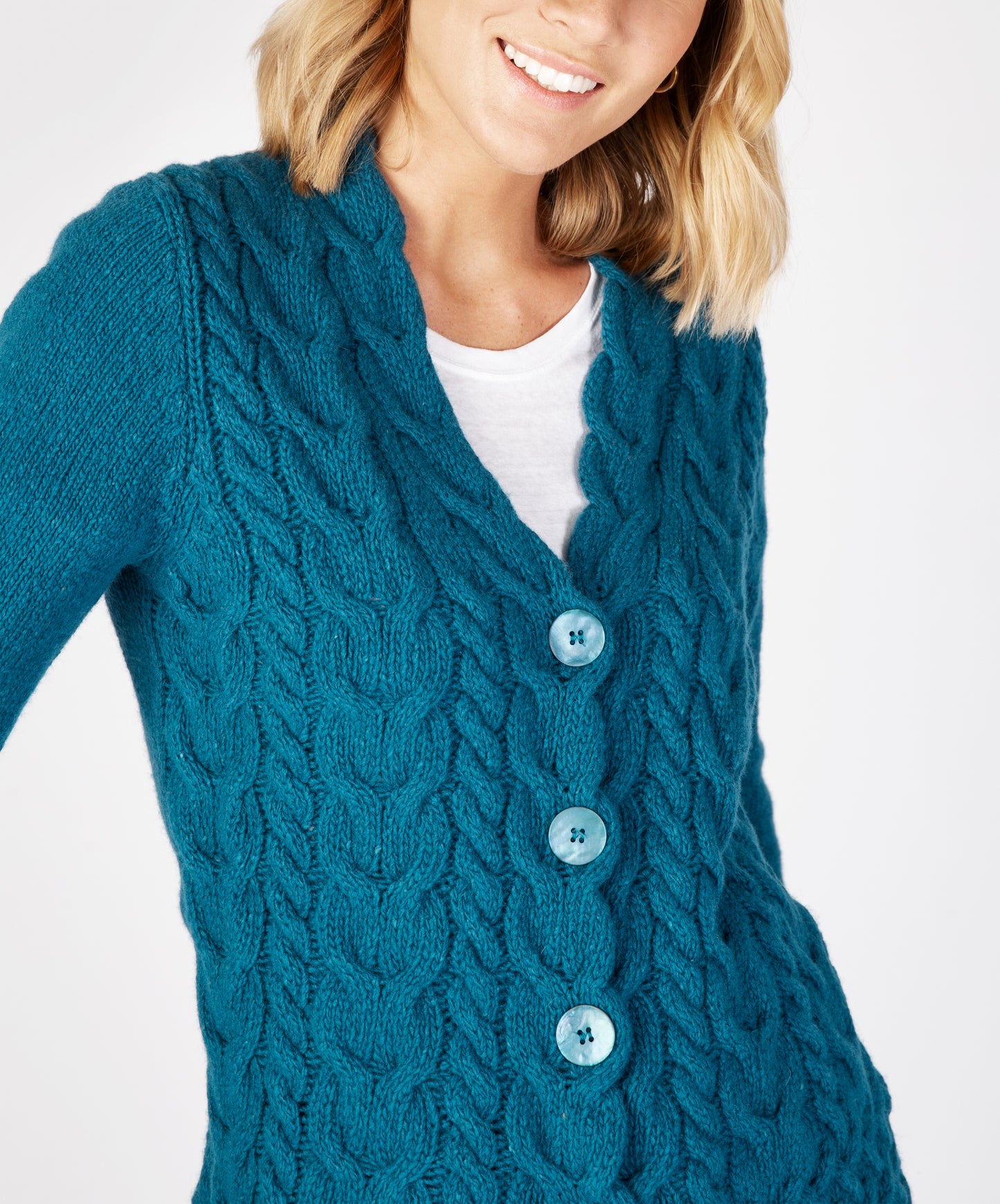 IrelandsEye Knitwear Horseshoe Cable Cardigan Teal Harbour