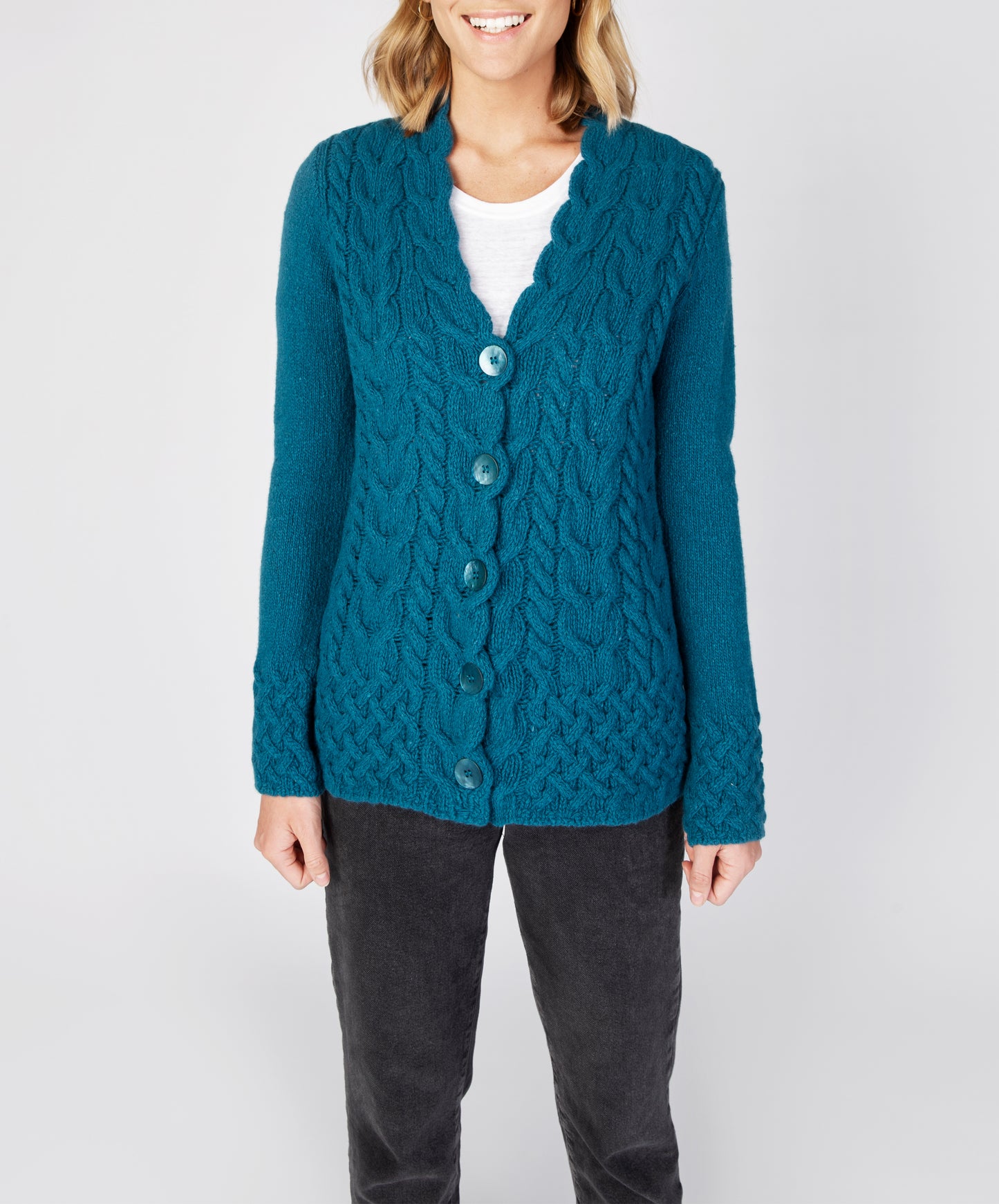 IrelandsEye Knitwear Horseshoe Cable Cardigan Teal Harbour