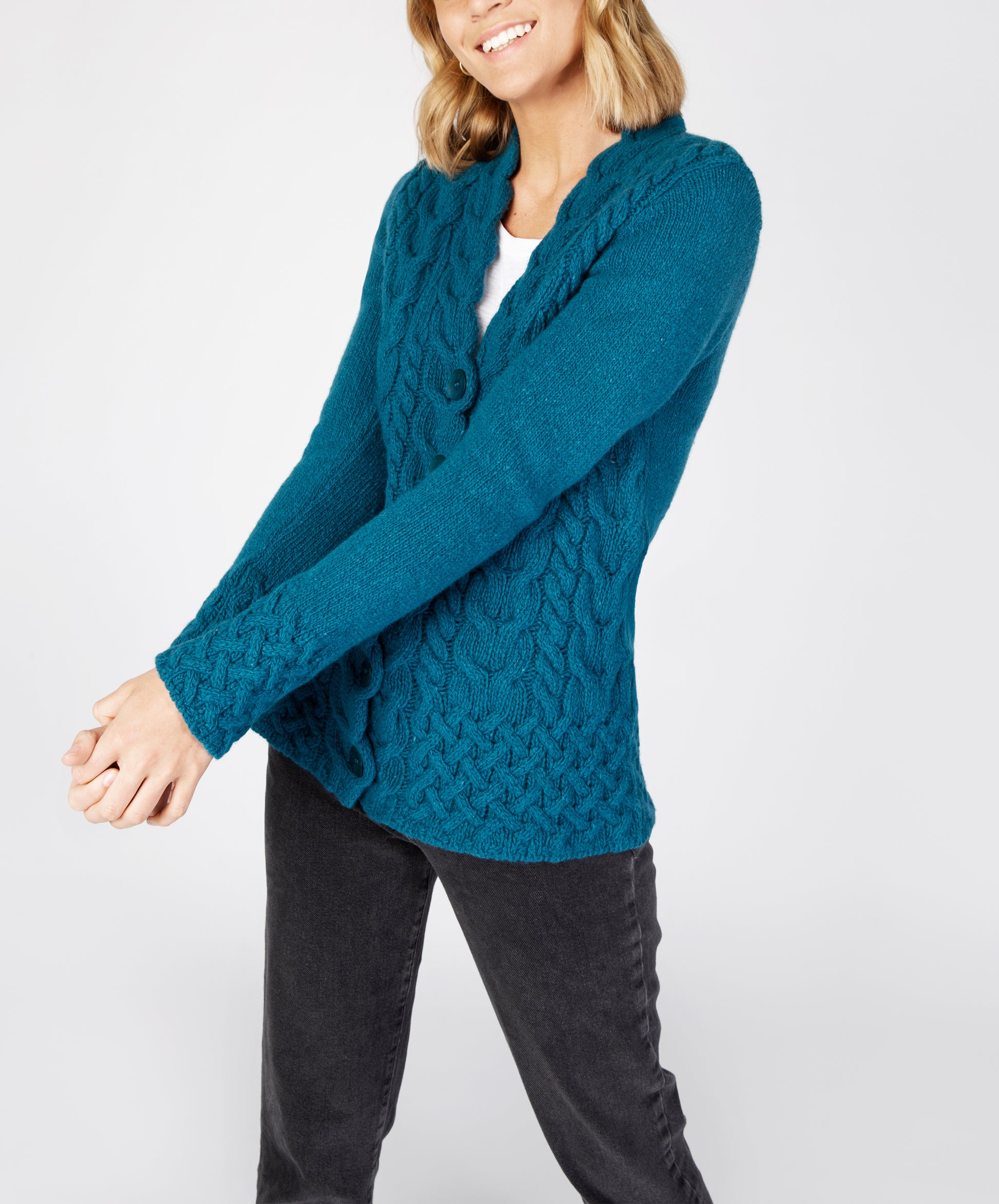 IrelandsEye Knitwear Horseshoe Cable Cardigan Teal Harbour