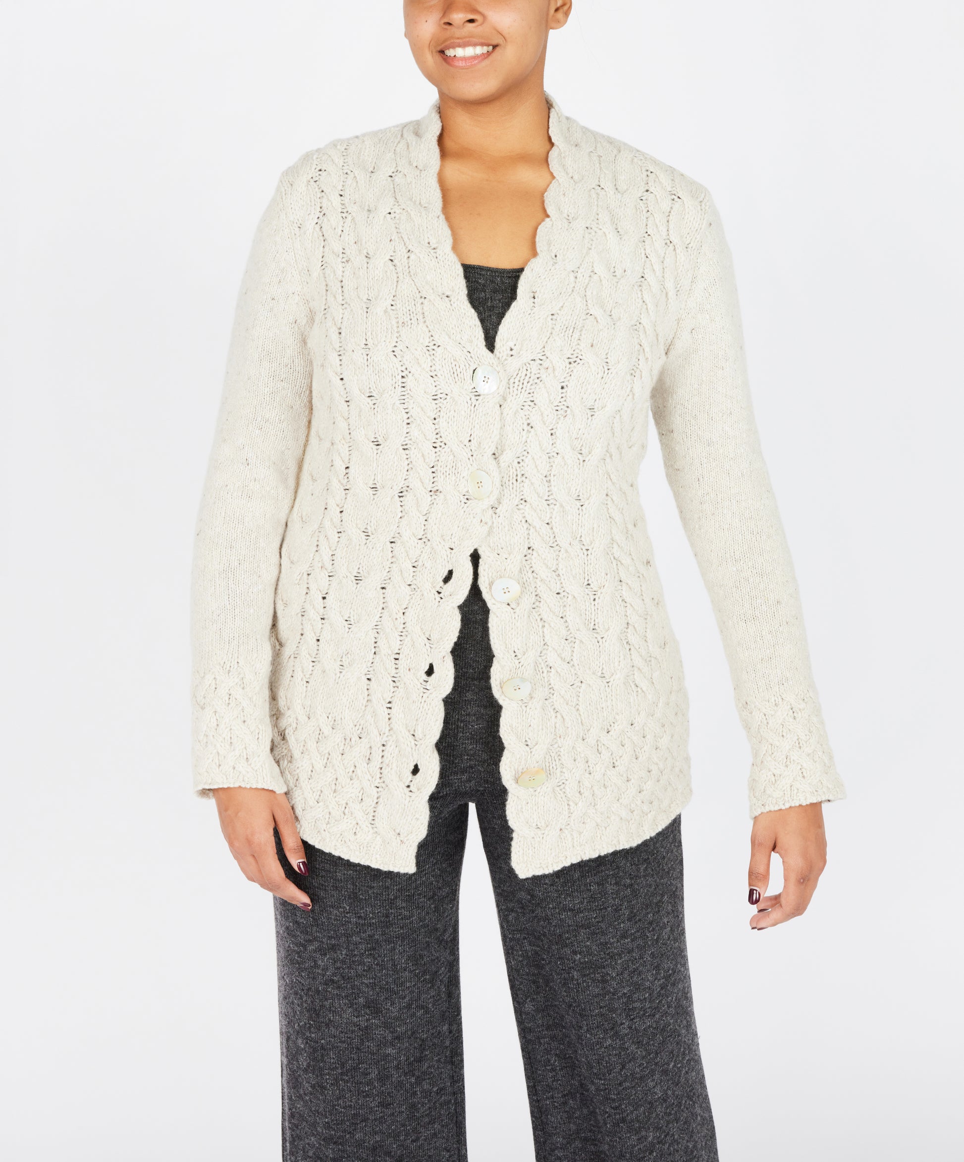 IrelandsEye Knitwear Horseshoe Cable Cardigan in Chalkstone