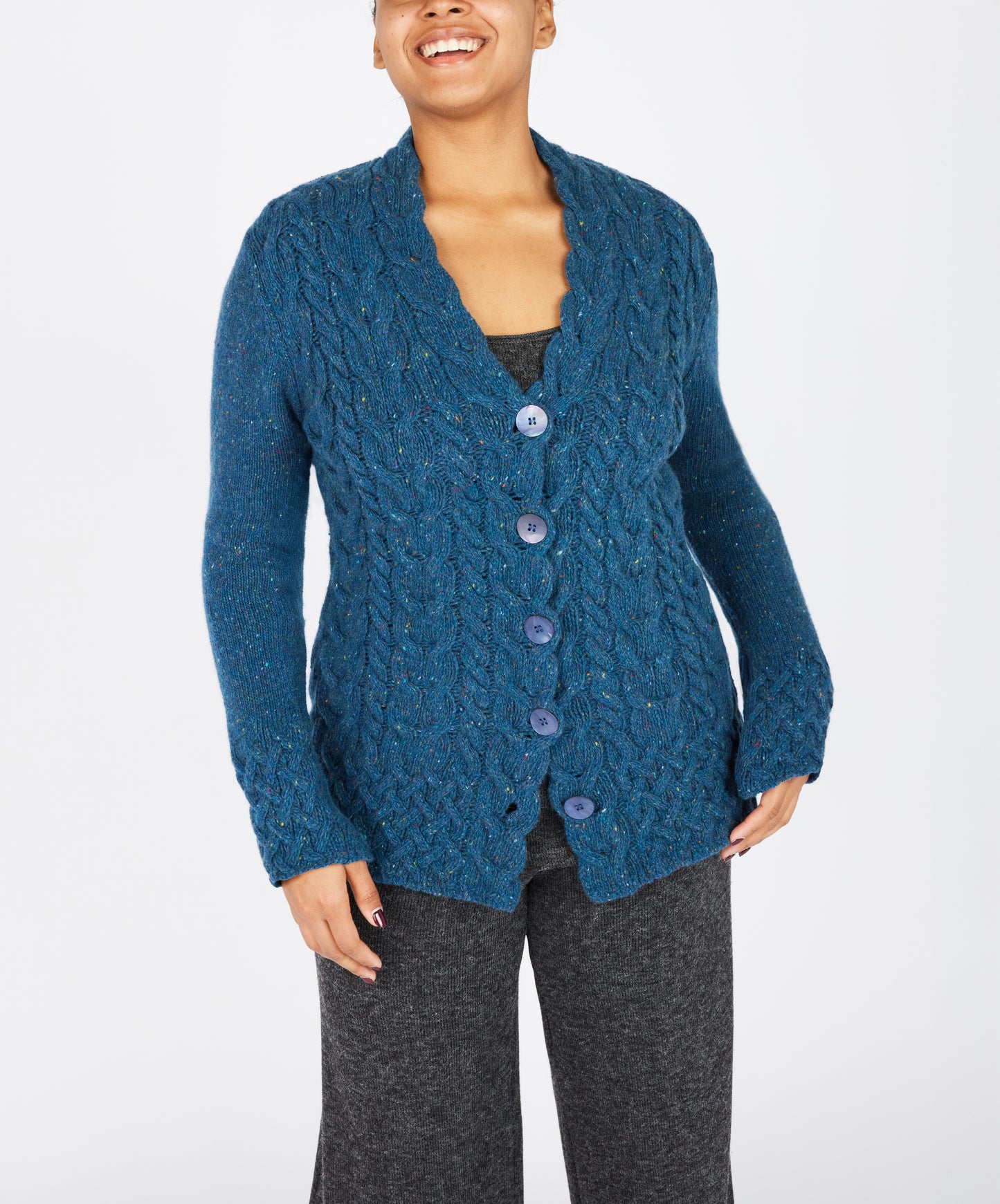 IrelandsEye Knitwear Horseshoe Cable Cardigan in Ink Marl