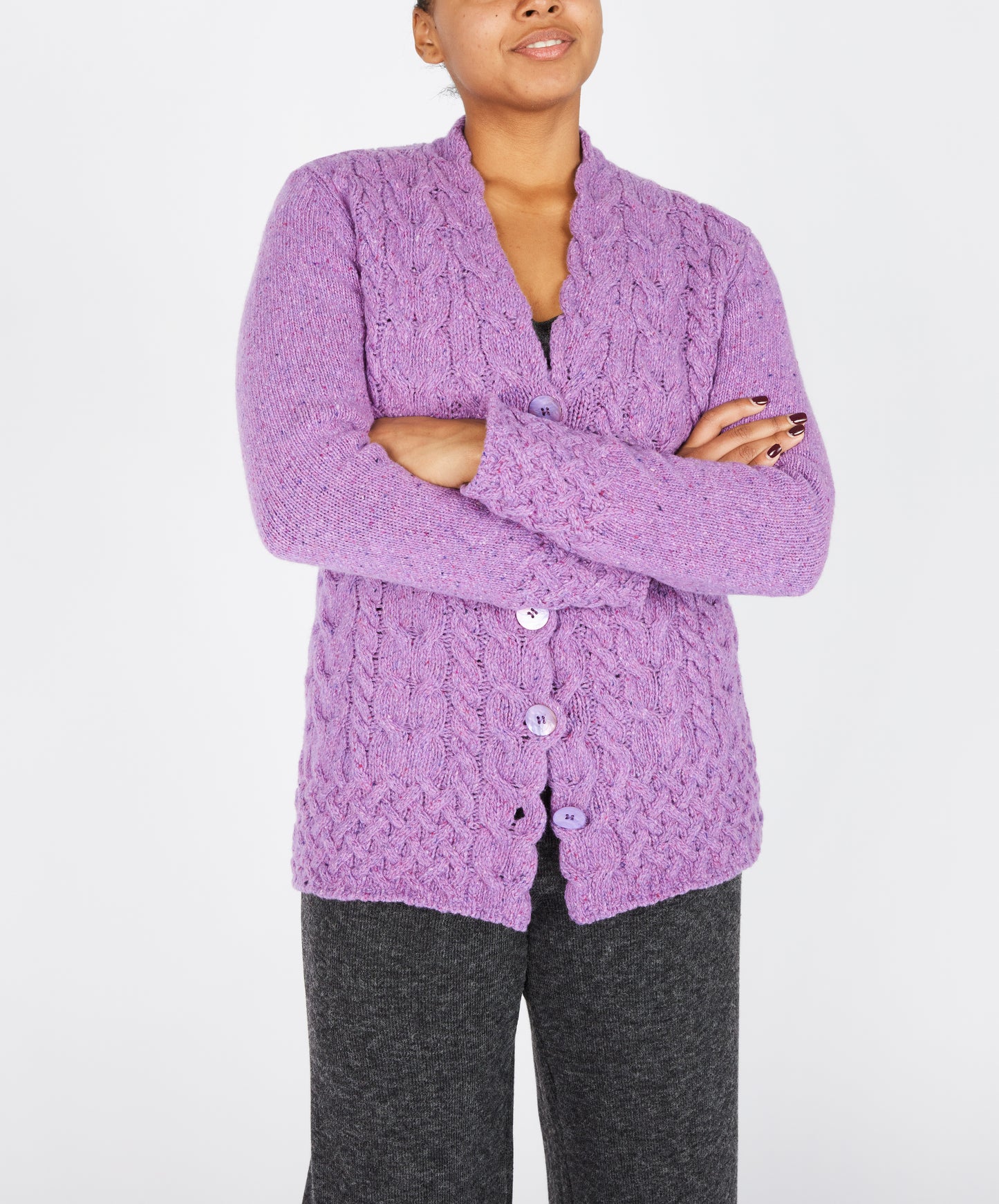 IrelandsEye Knitwear Horseshoe Cable Cardigan in Orchid