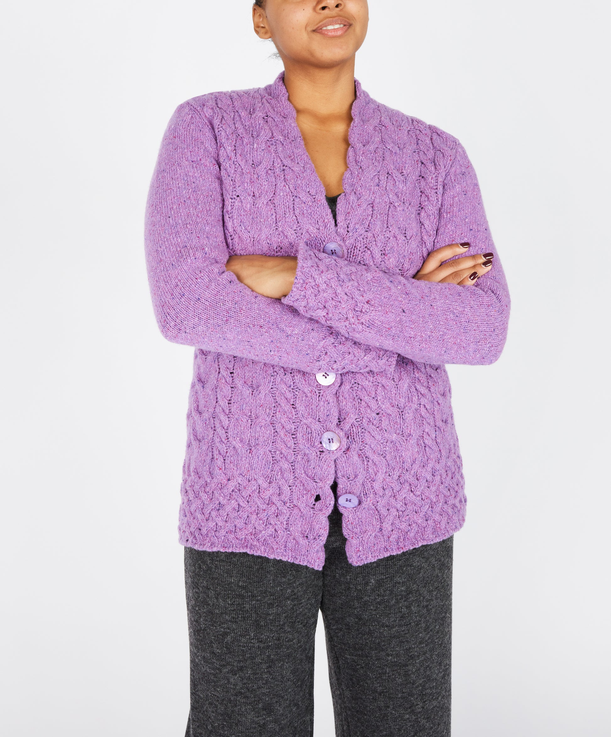 IrelandsEye Knitwear Horseshoe Cable Cardigan in Orchid