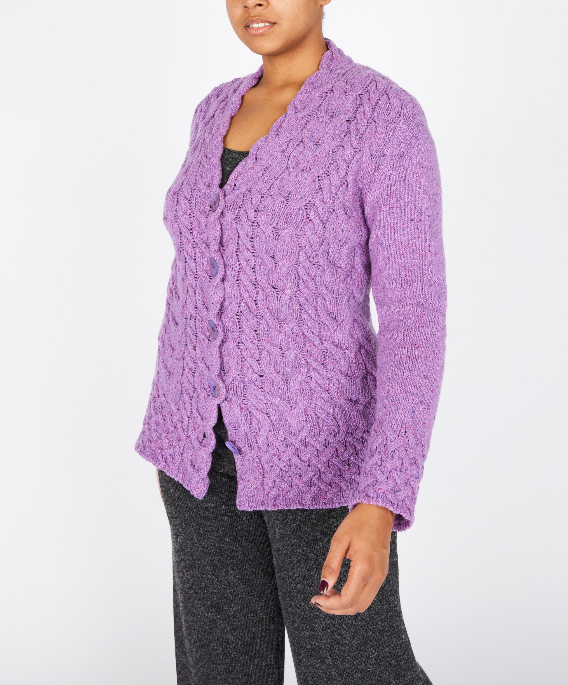 IrelandsEye Knitwear Horseshoe Cable Cardigan in Orchid