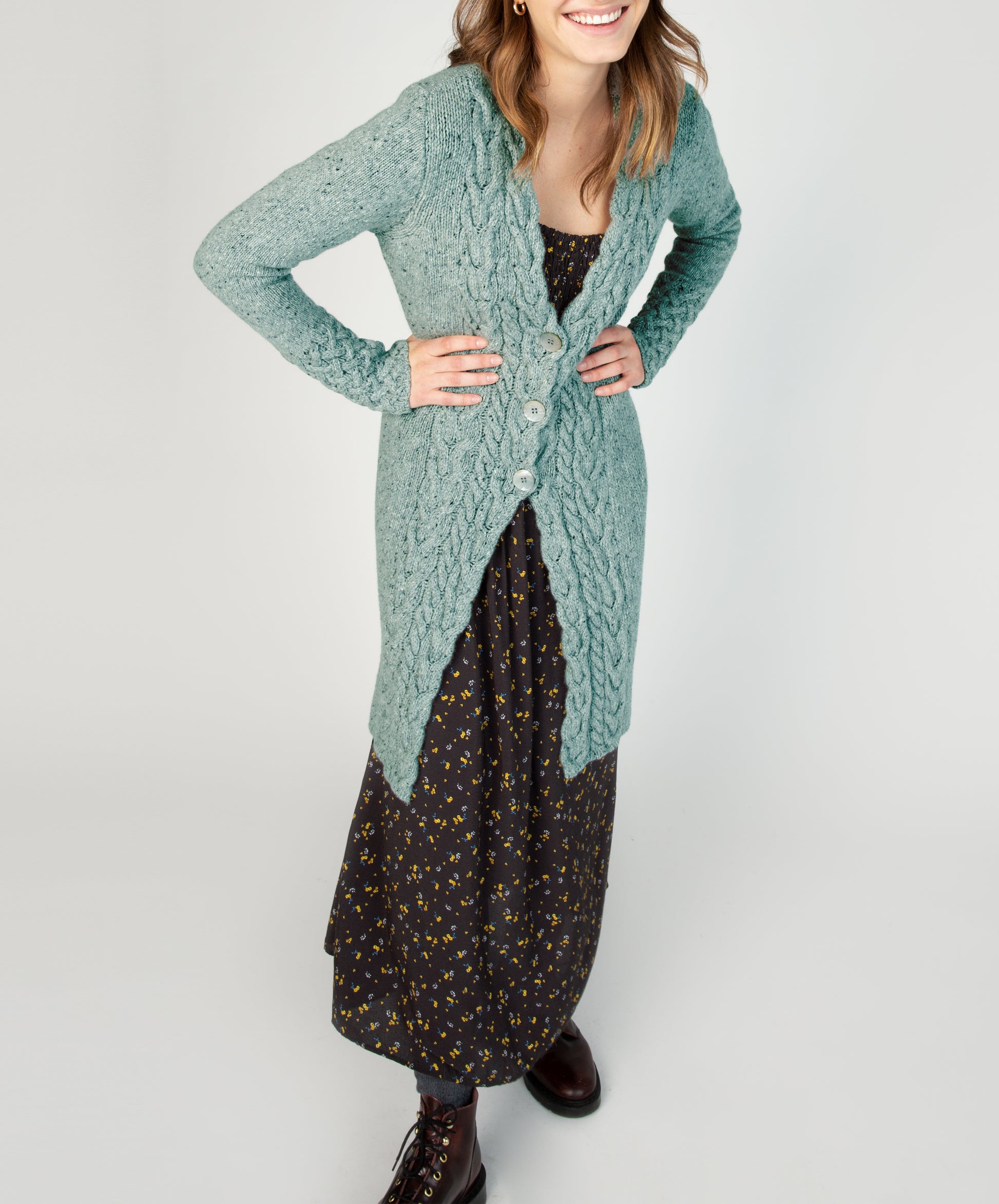 IrelandsEye Knitwear Horseshoe Cable Coat Ocean Mist