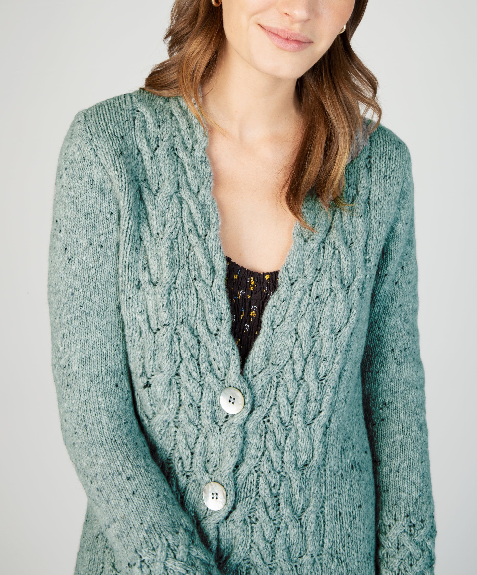 IrelandsEye Knitwear Horseshoe Cable Coat Ocean Mist