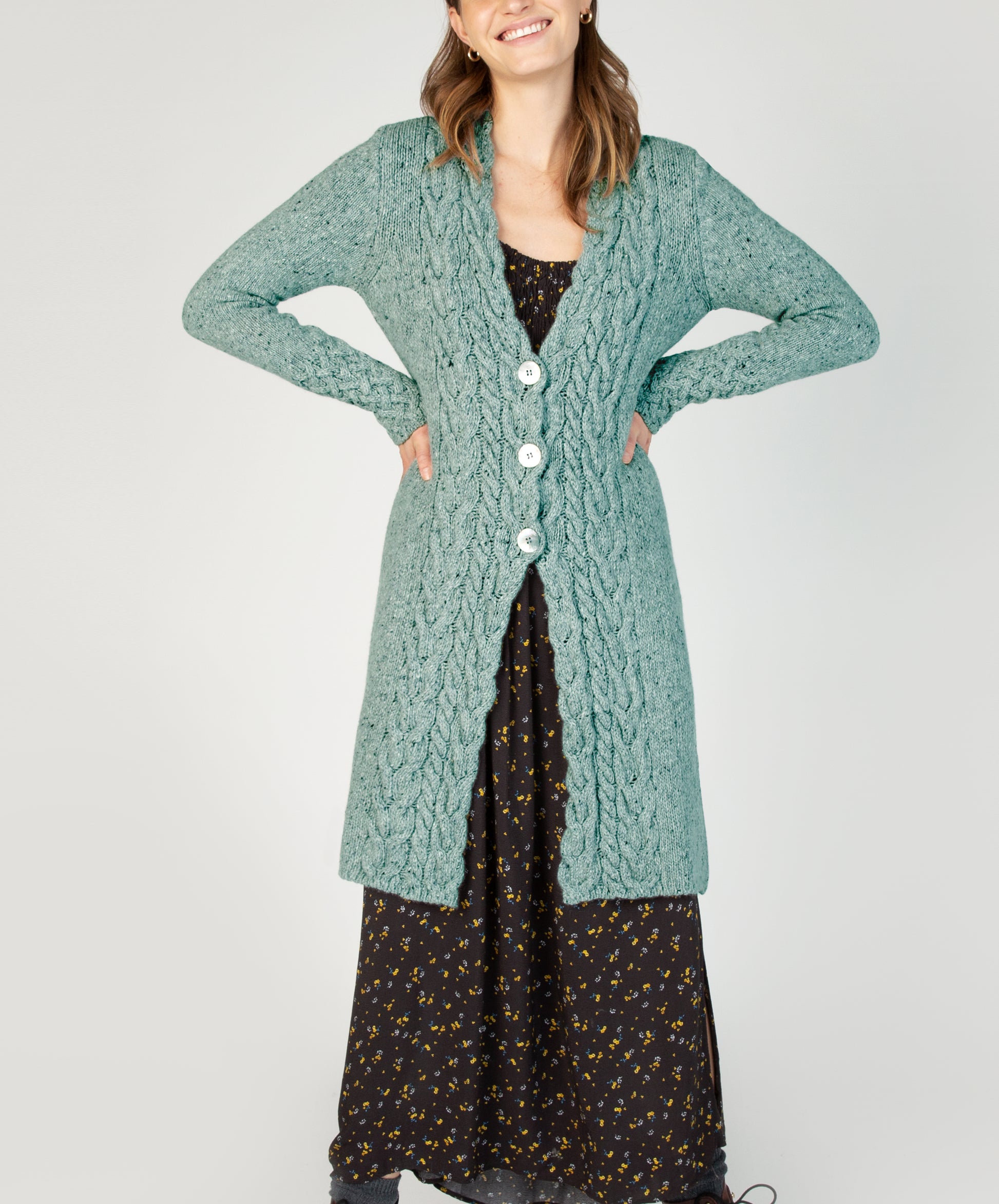 IrelandsEye Knitwear Horseshoe Cable Coat Ocean Mist