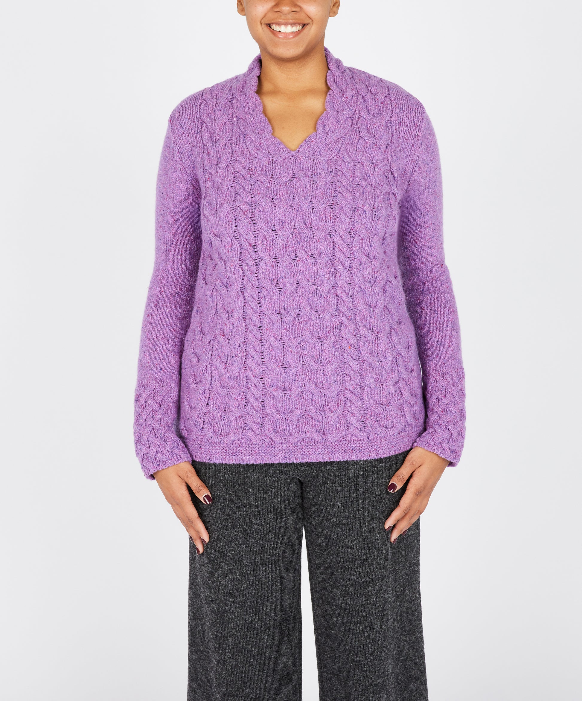 IrelandsEye Knitwear Horseshoe Cable V Neck Orchid