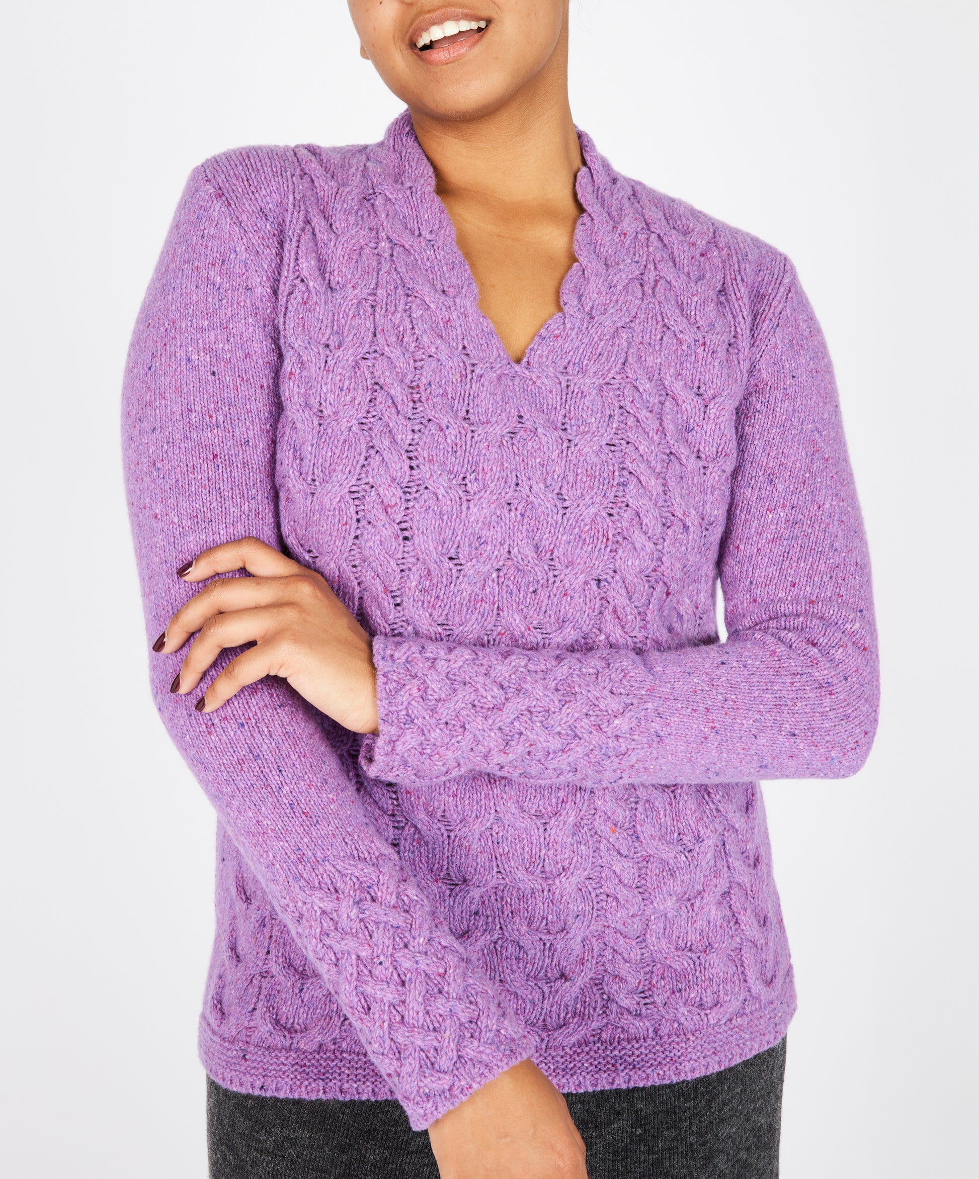 IrelandsEye Knitwear Horseshoe Cable V Neck Orchid