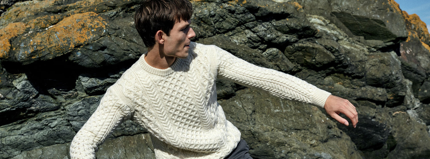 IrelandsEye Knitwear Blasket Honeycomb Stitch Aran Sweater in Natural