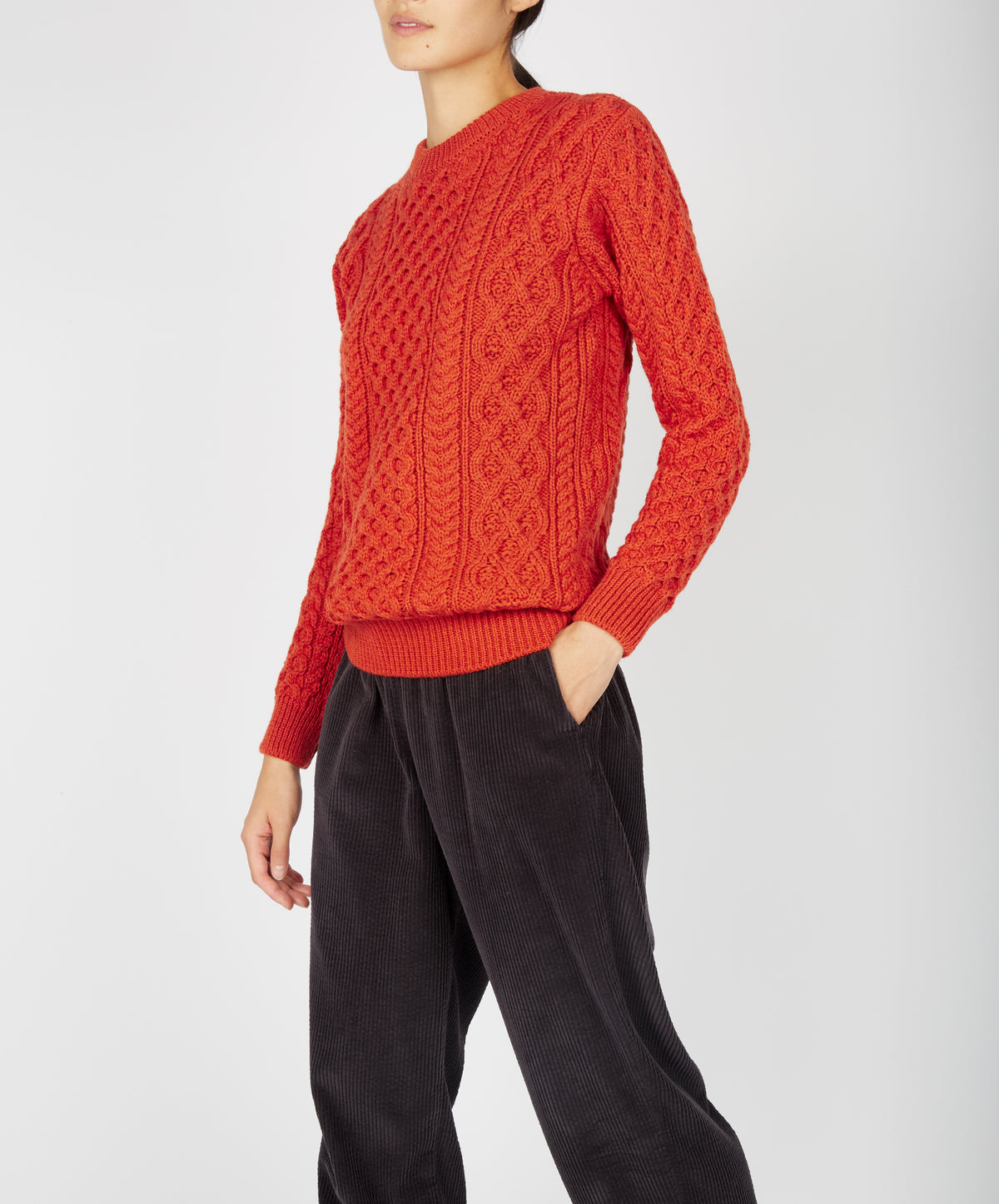 IrelandsEye Knitwear Blasket Honeycomb Stitch Womens Aran Sweater Orange Marl