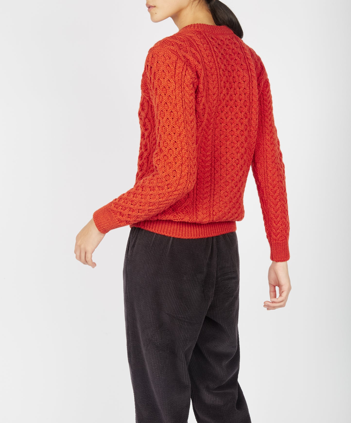 IrelandsEye Knitwear Blasket Honeycomb Stitch Womens Aran Sweater Orange Marl