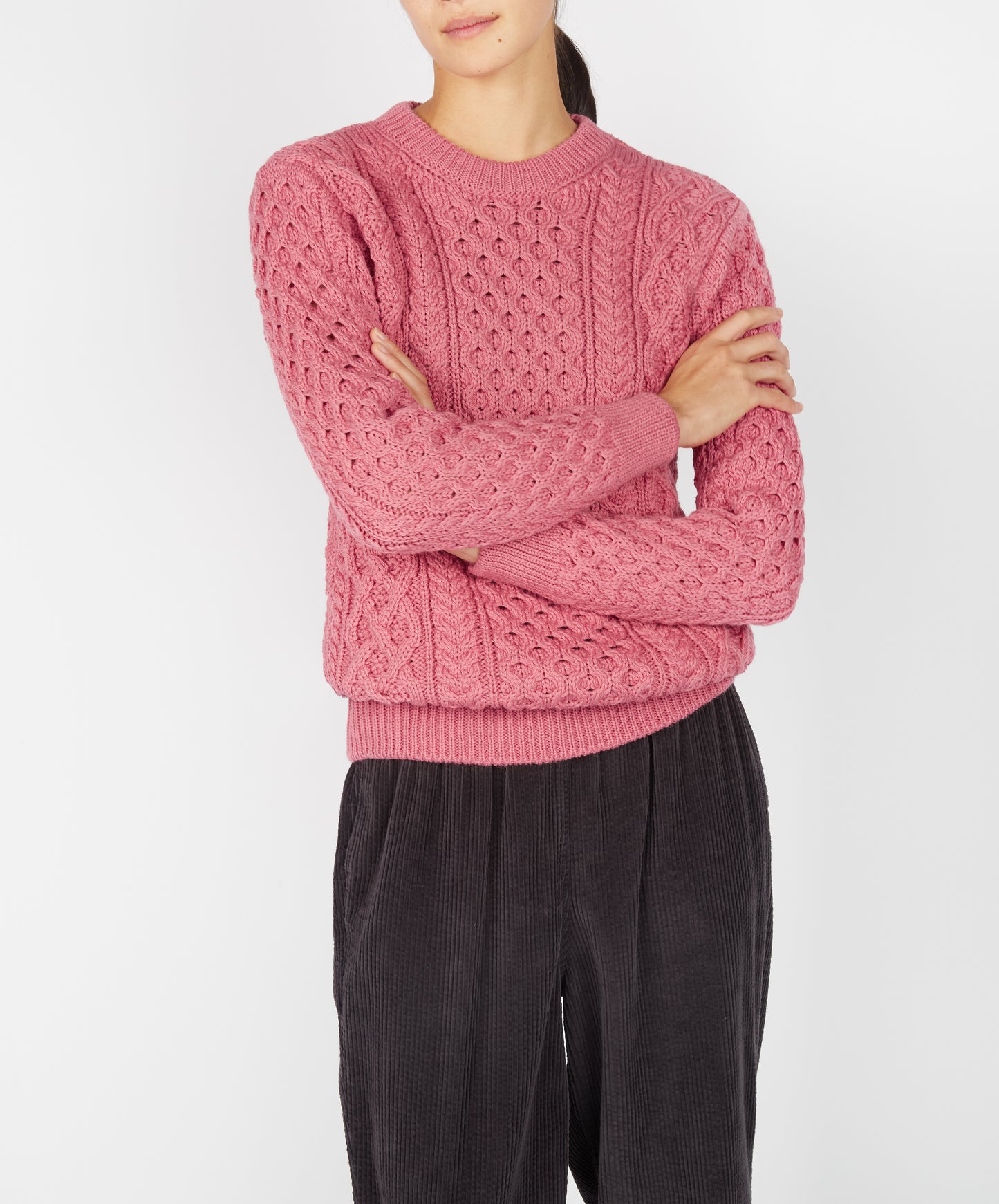 IrelandsEye Knitwear Blasket Honeycomb Stitch Womens Aran Sweater Rosa Pink