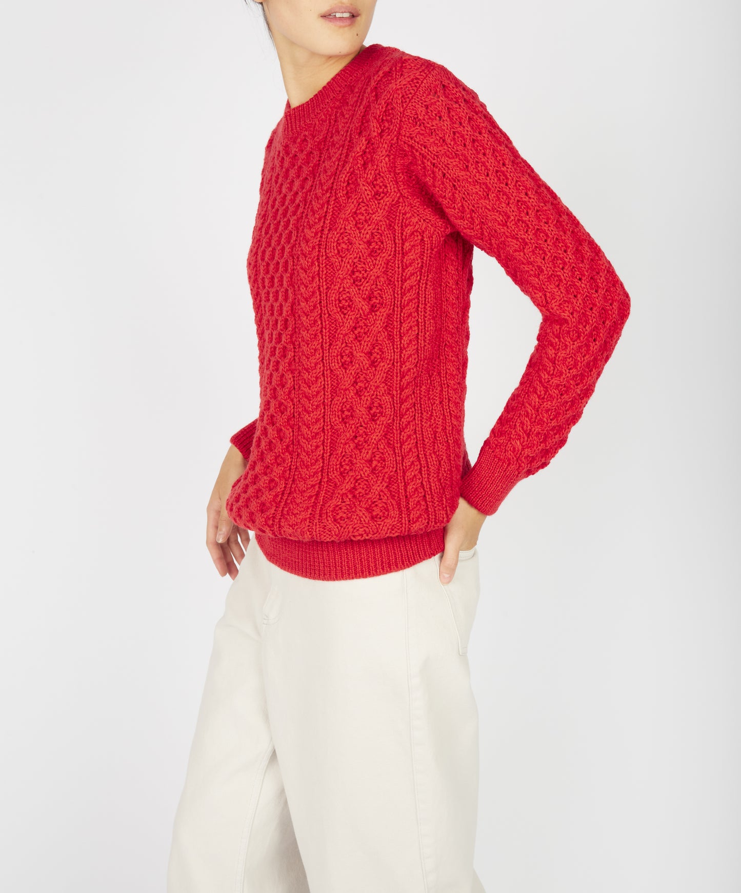 IrelandsEye Knitwear Blasket Honeycomb Stitch Womens Aran Sweater Scarlet