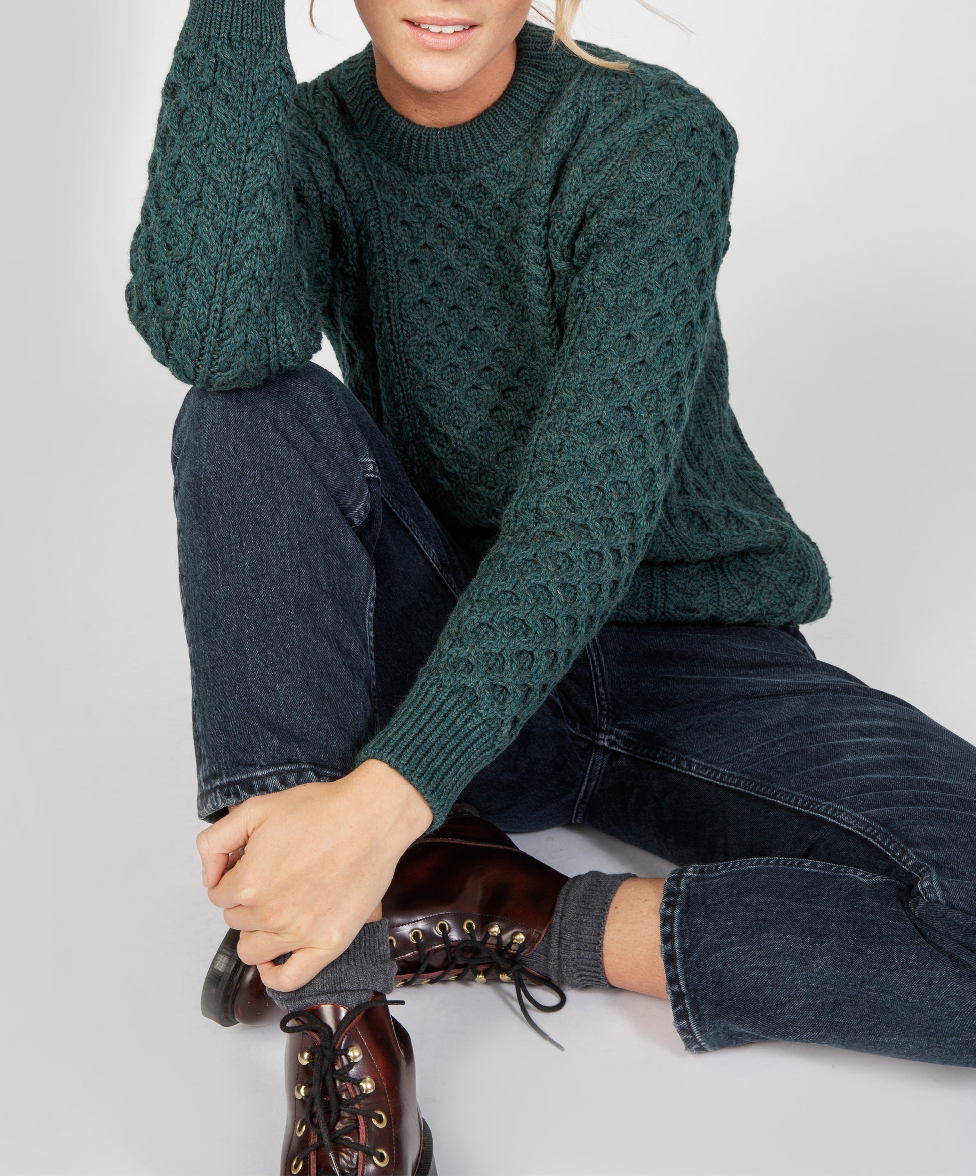 IrelandsEye Knitwear Blasket Honeycomb Stitch Womens Aran Sweater Evergreen