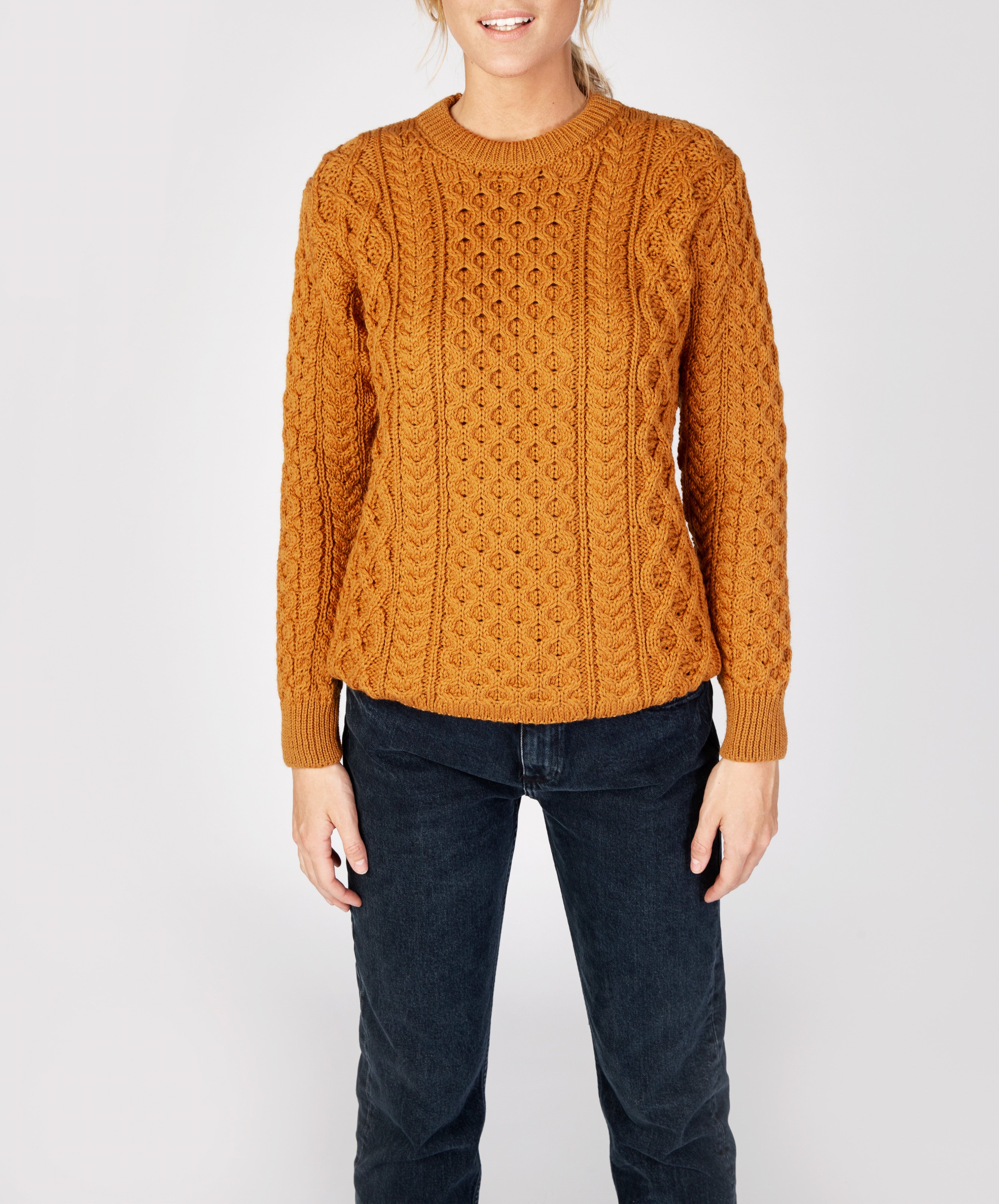 Womens Blasket Honeycomb Stitch Aran Sweater Golden Ochre