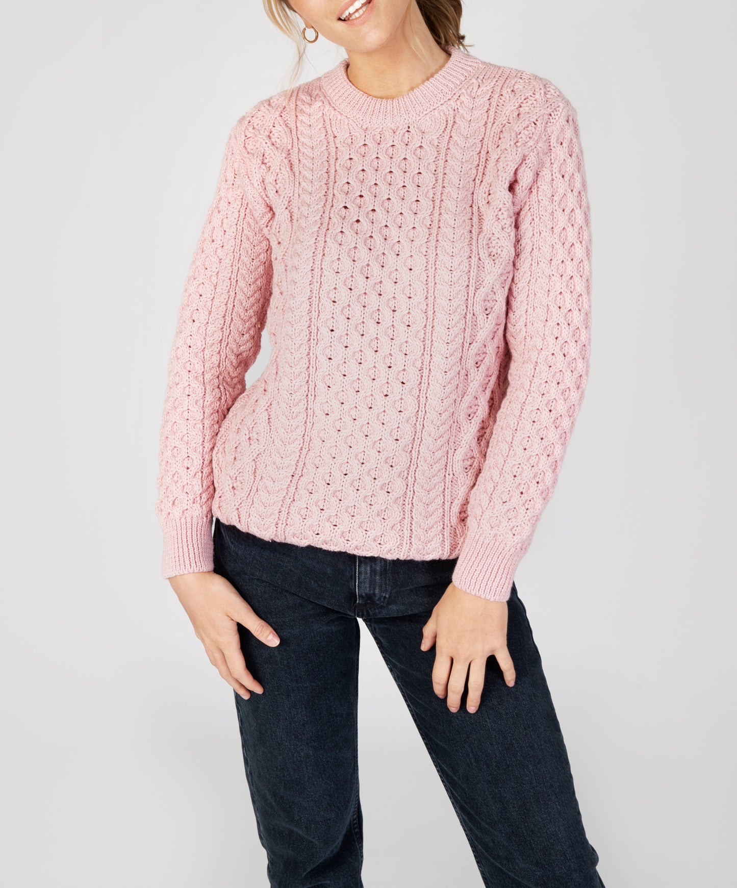  IrelandsEye Knitwear Blasket Honeycomb Stitch Womens Aran Sweater Pale Pink