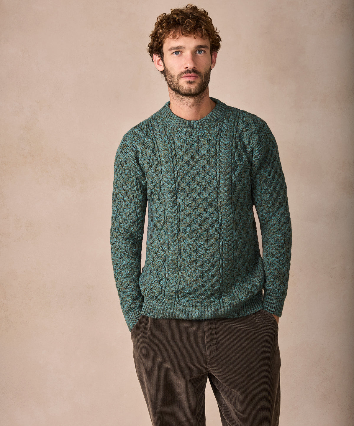 IrelandsEye Knitwear Blasket Honeycomb Stitch Mens Aran Sweater Fern Marl