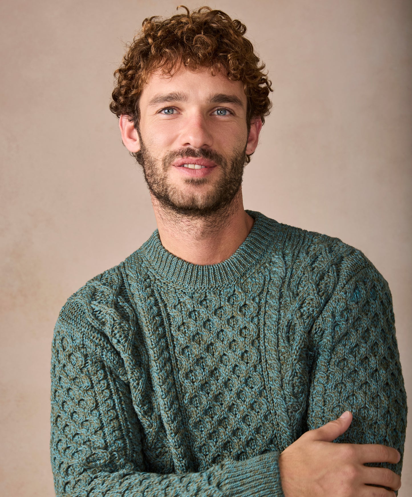 IrelandsEye Knitwear Blasket Honeycomb Stitch Mens Aran Sweater Fern Marl