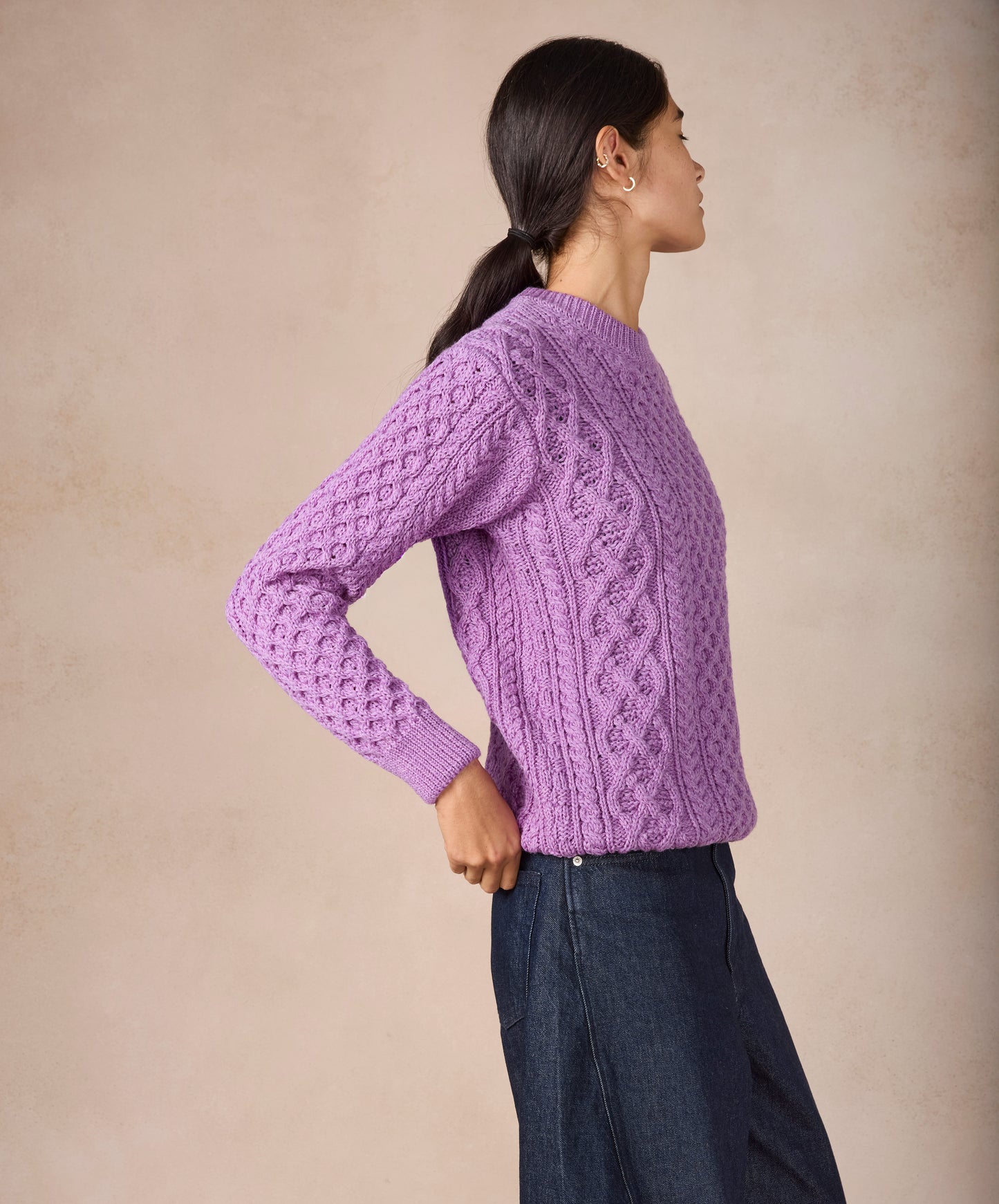 IrelandsEye Knitwear Blasket Honeycomb Stitch Womens Aran Sweater Lilac Marl