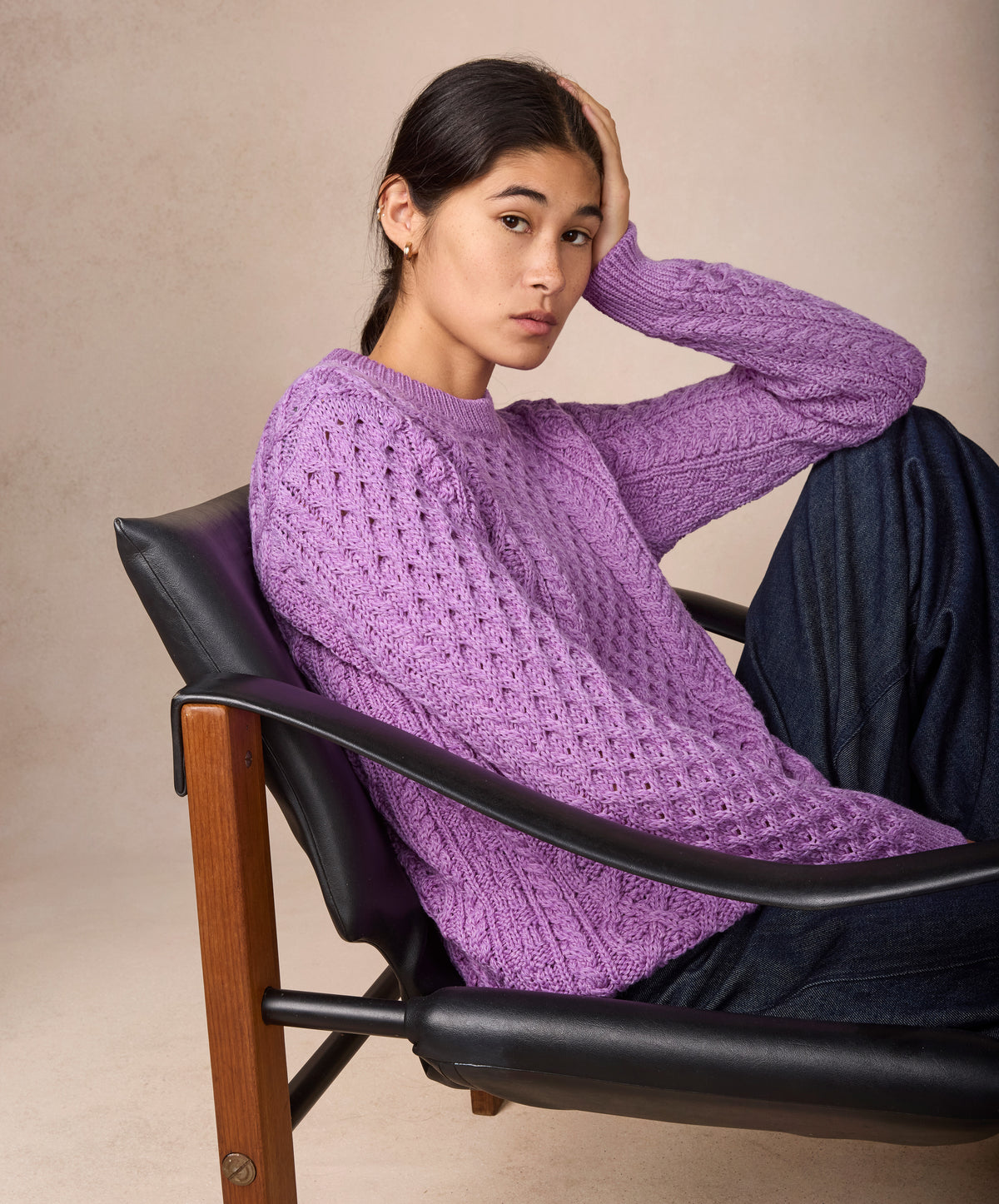 IrelandsEye Knitwear Blasket Honeycomb Stitch Womens Aran Sweater Lilac Marl