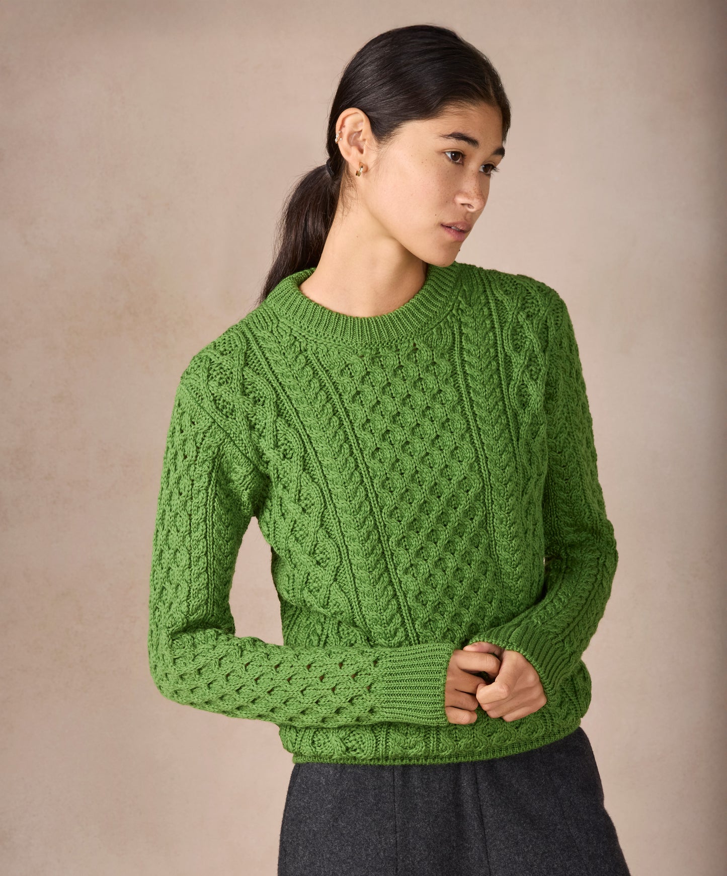 IrelandsEye Knitwear Blasket Honeycomb Stitch Womens Aran Sweater Moss