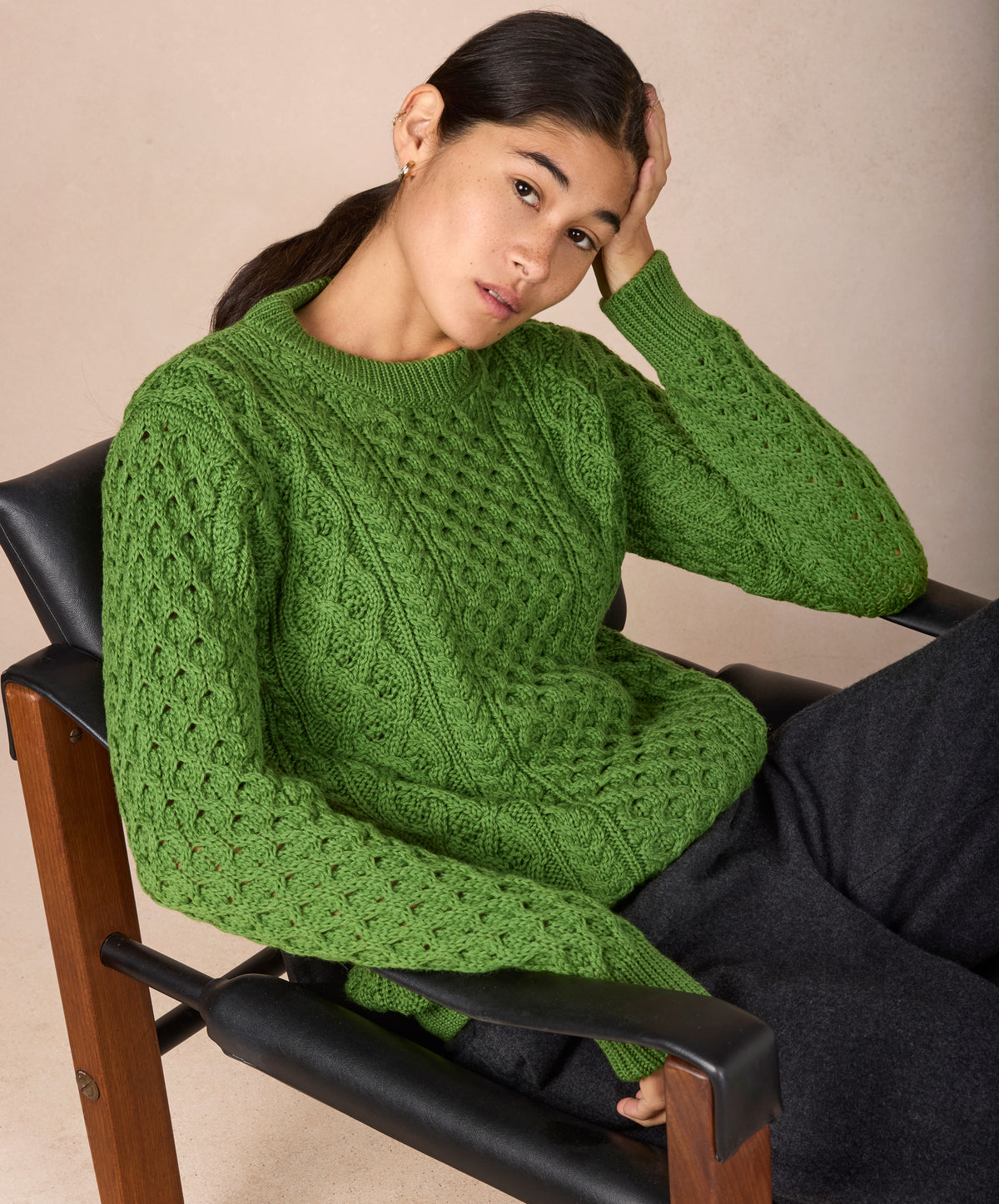 IrelandsEye Knitwear Blasket Honeycomb Stitch Womens Aran Sweater Moss
