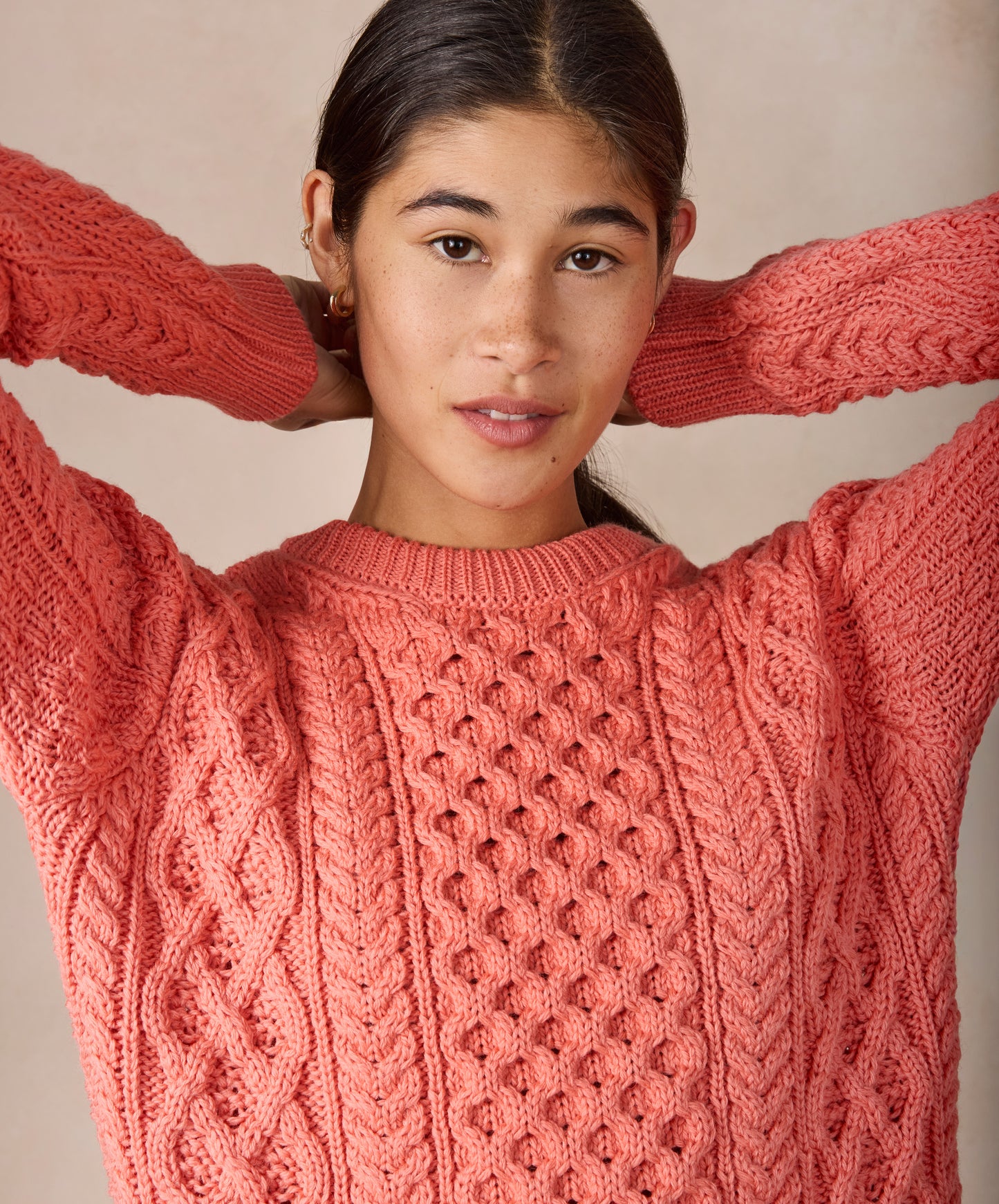 IrelandsEye Knitwear Blasket Honeycomb Stitch Womens Aran Sweater Salmon