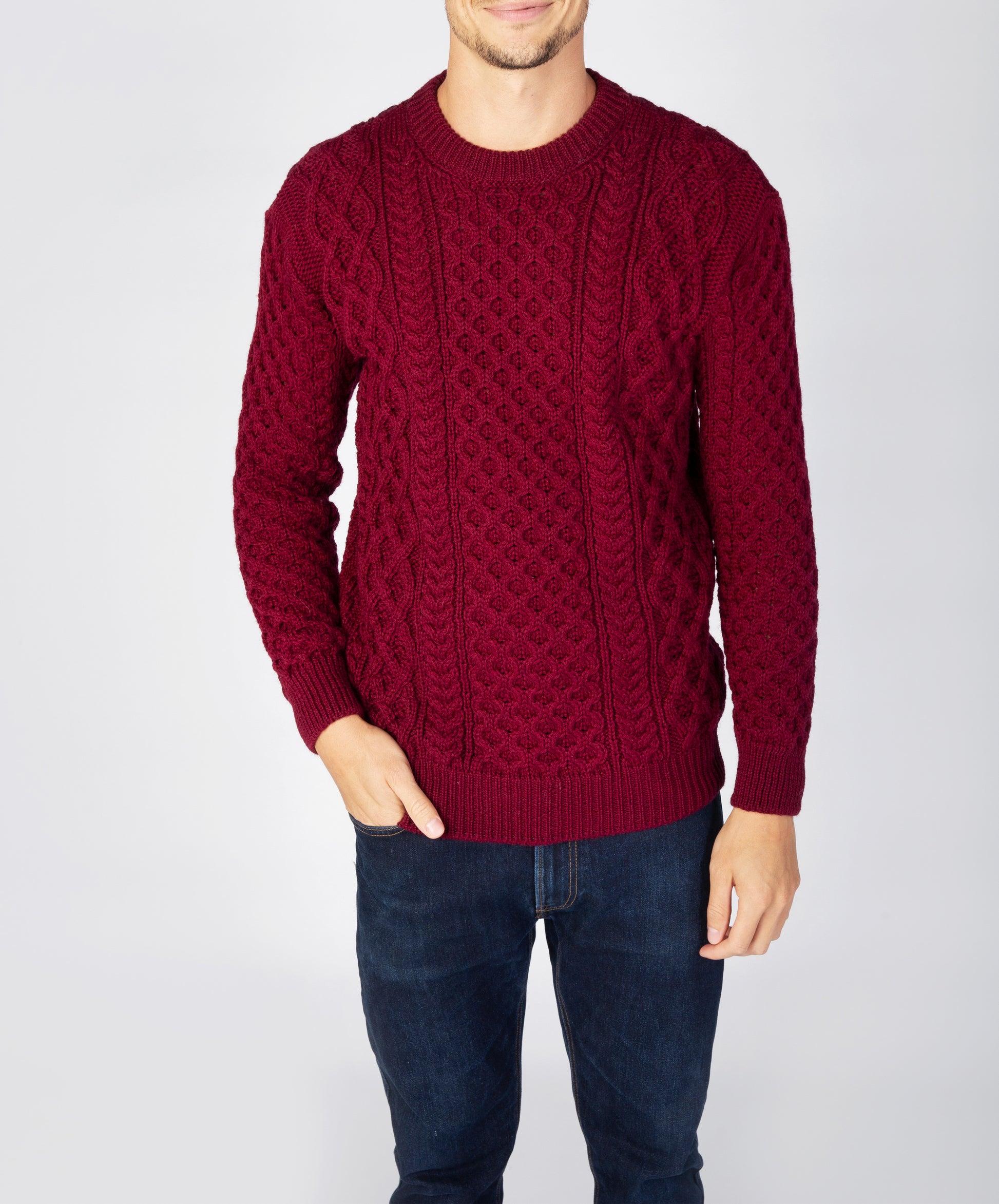 Blasket Honeycomb Stitch Mens Aran Sweater Claret