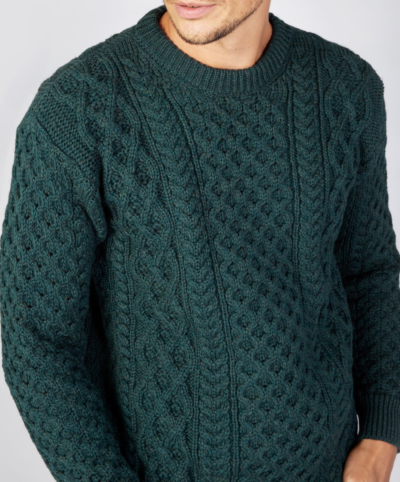 Mens Blasket Honeycomb Stitch Aran Sweater - Evergreen - IrelandsEye ...