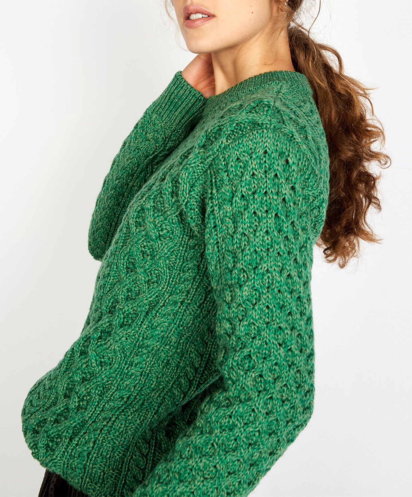 IrelandsEye Knitwear Blasket Honeycomb Stitch Womens Aran Sweater Green Marl
