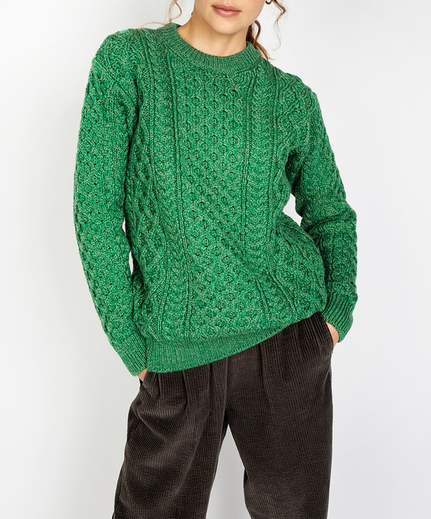 IrelandsEye Knitwear Blasket Honeycomb Stitch Womens Aran Sweater Green Marl