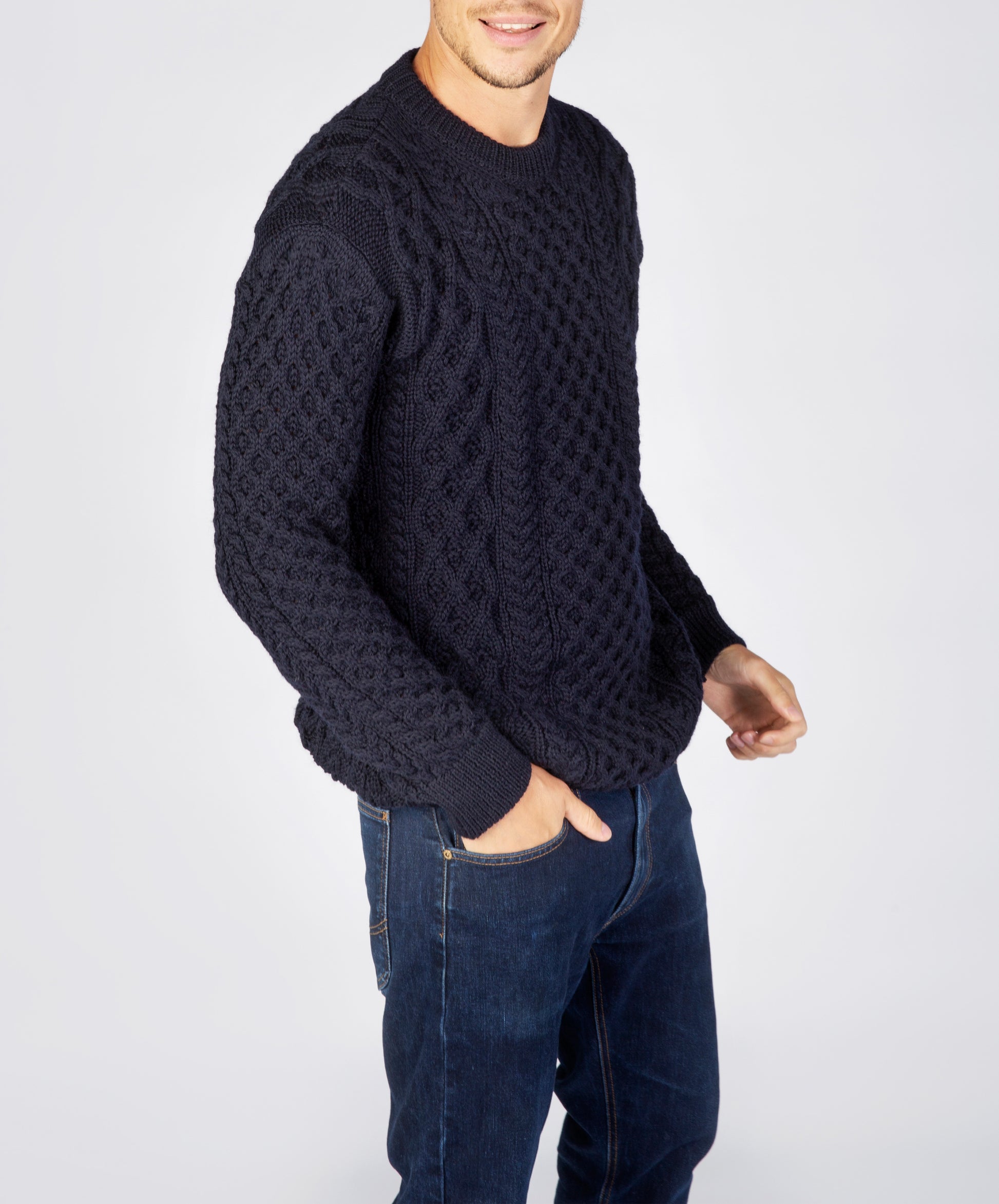 IrelandsEye Knitwear Blasket Honeycomb Stitch Mens Aran Sweater Navy
