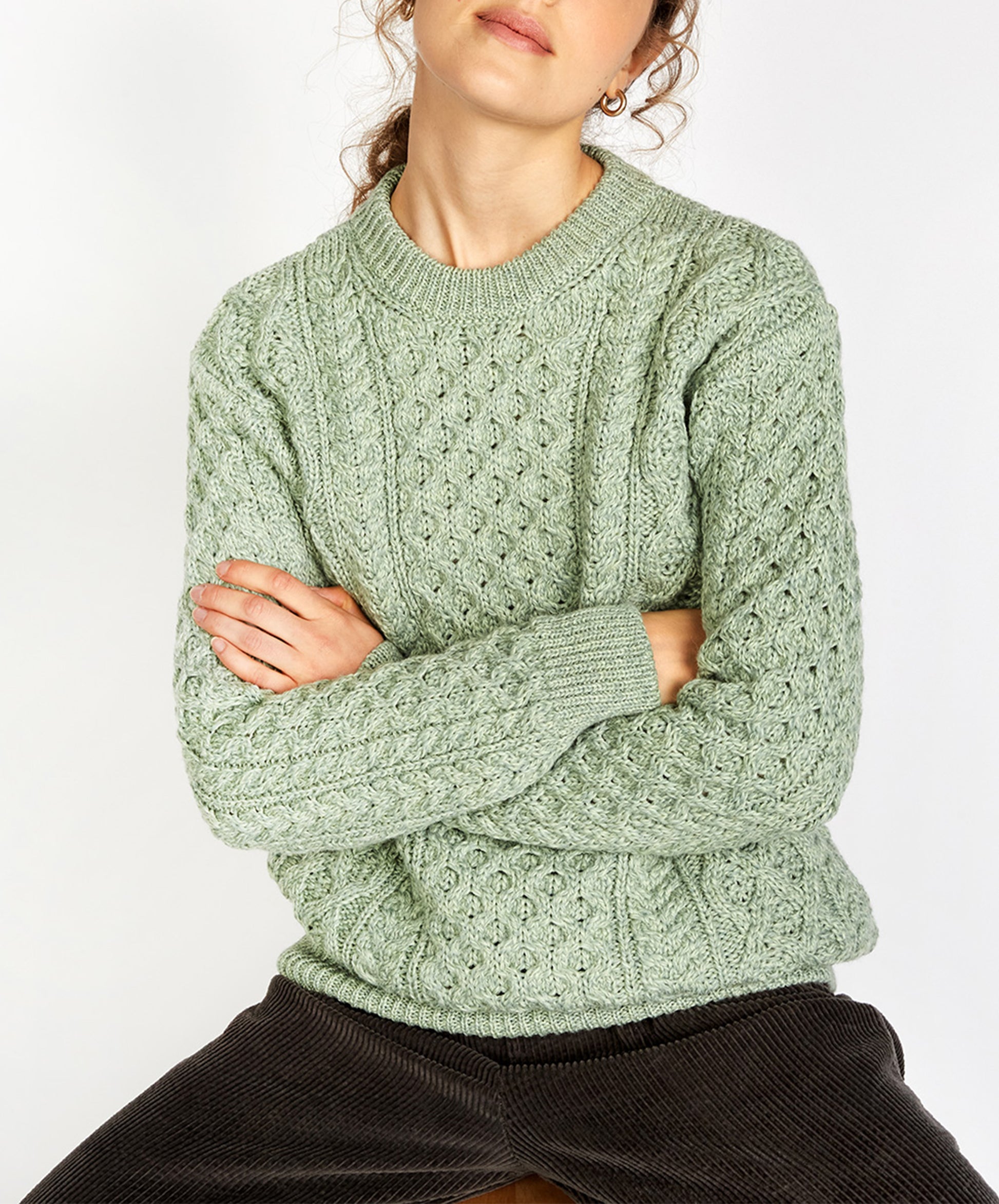IrelandsEye Knitwear Blasket Honeycomb Stitch Womens Aran Sweater Sage Marl