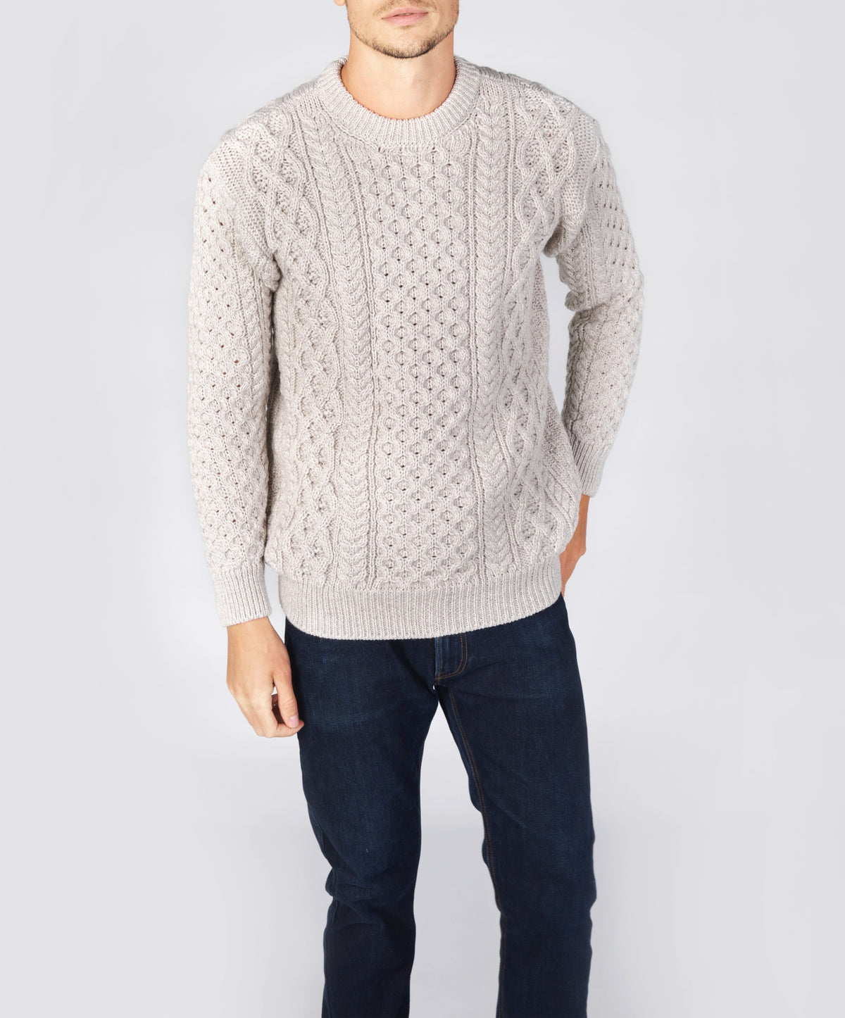 Aran Sweater, white, blue, grey cable knit sweater