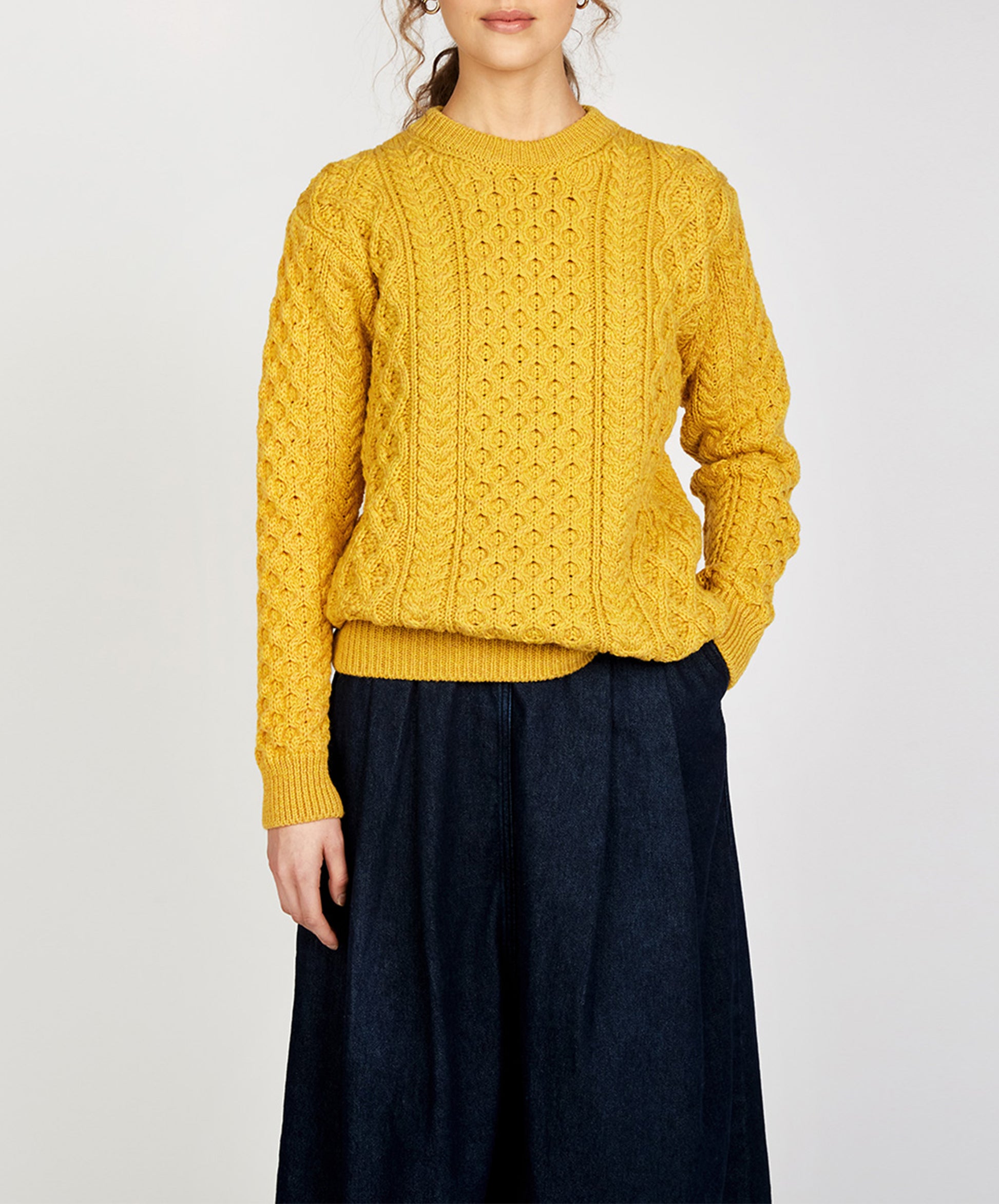 IrelandsEye Knitwear Blasket Honeycomb Stitch Womens Aran Sweater Sunflower
