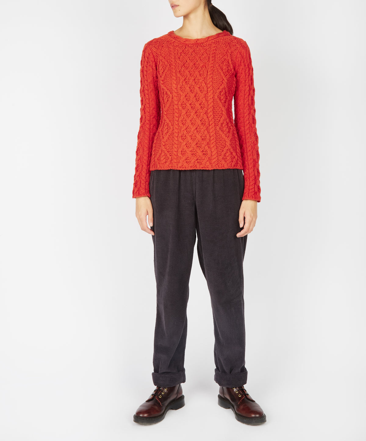 IrelandsEye Knitwear Lambay Lattice Cable Aran Sweater Orange Marl