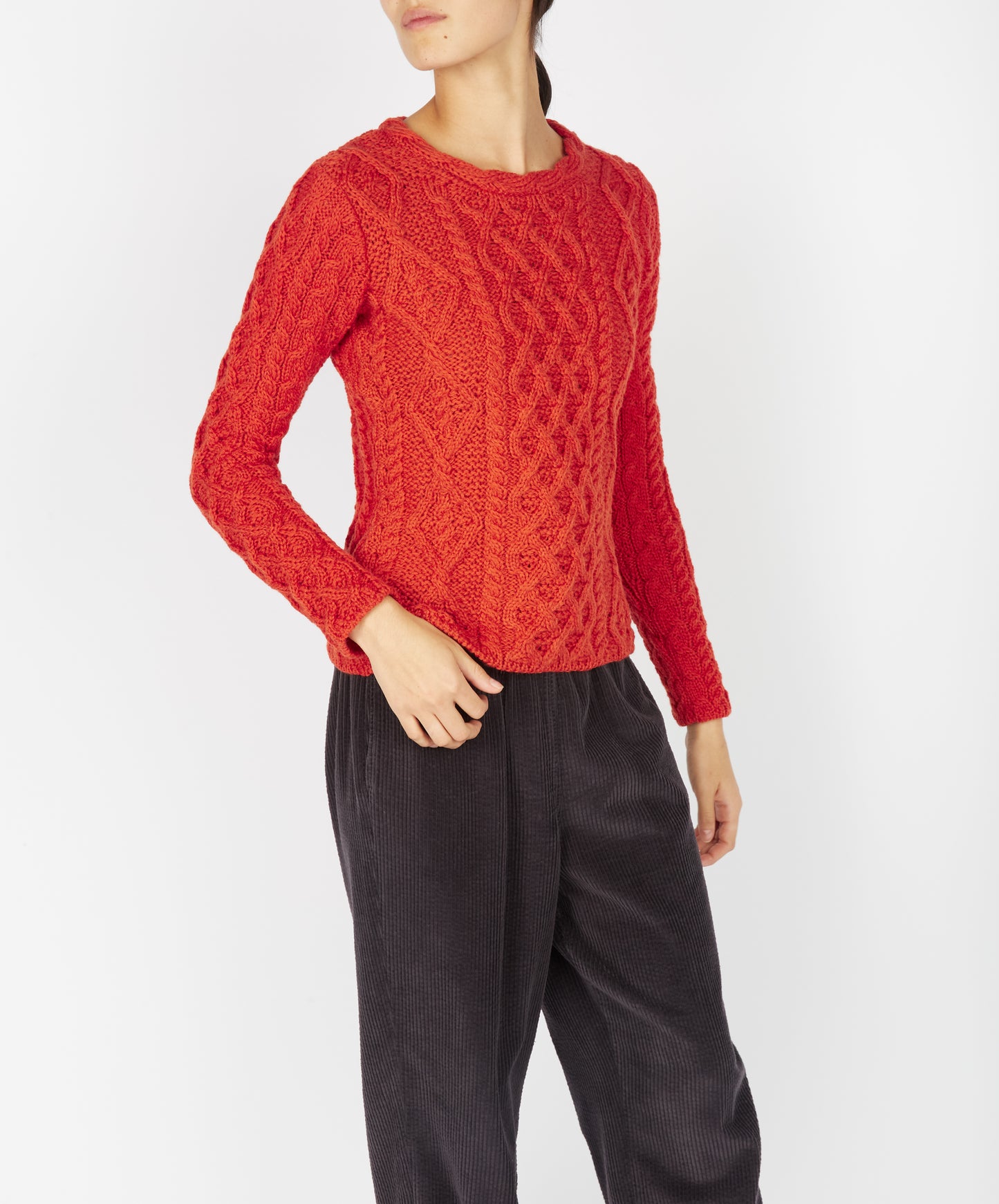 IrelandsEye Knitwear Lambay Lattice Cable Aran Sweater Orange Marl