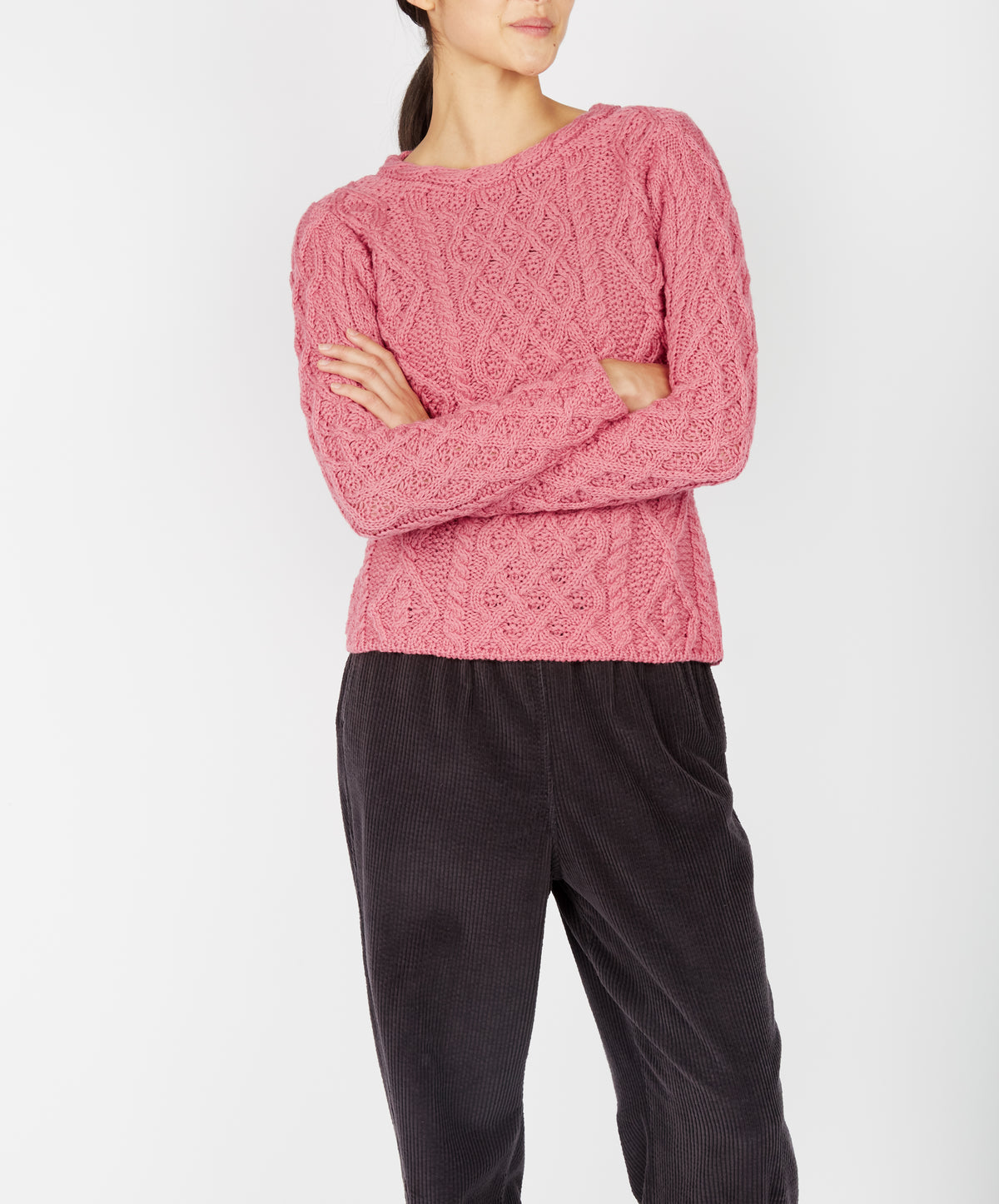 IrelandsEye Knitwear Lambay Lattice Cable Aran Sweater Rosa Pink