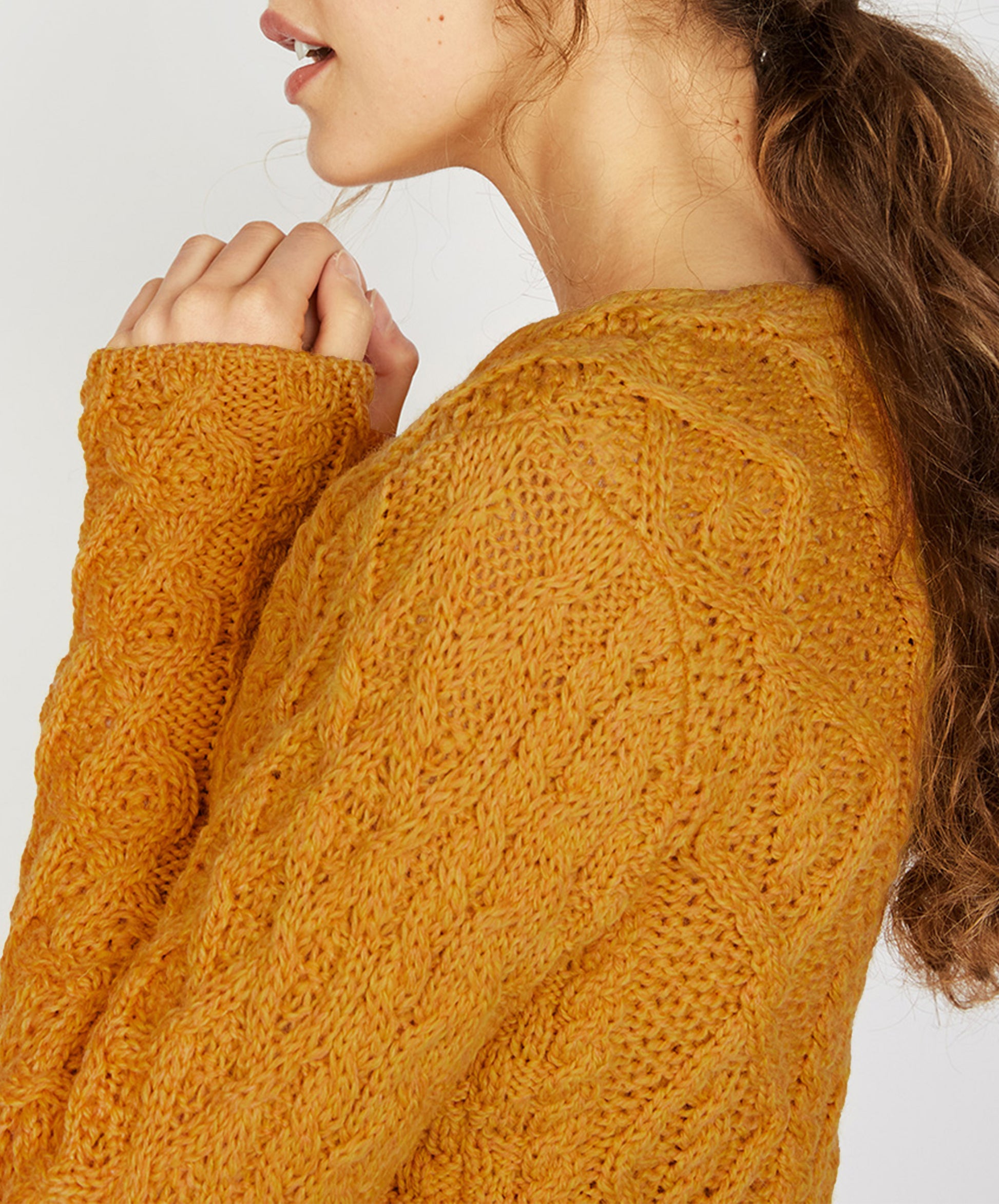 IrelandsEye Knitwear Lambay Lattice Cable Aran Sweater Golden Ochre