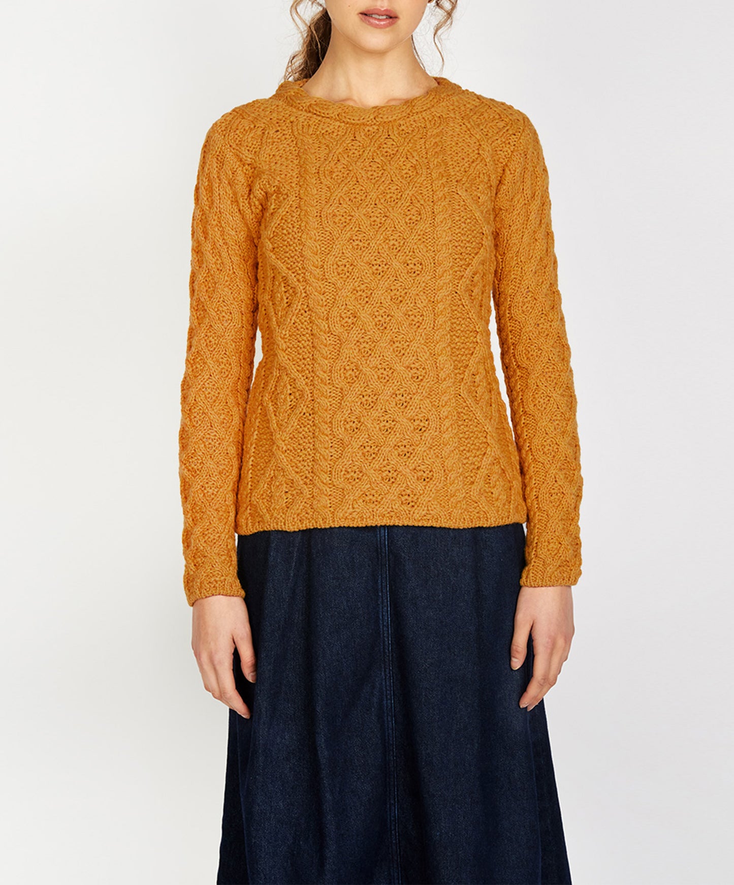 IrelandsEye Knitwear Lambay Lattice Cable Aran Sweater Golden Ochre